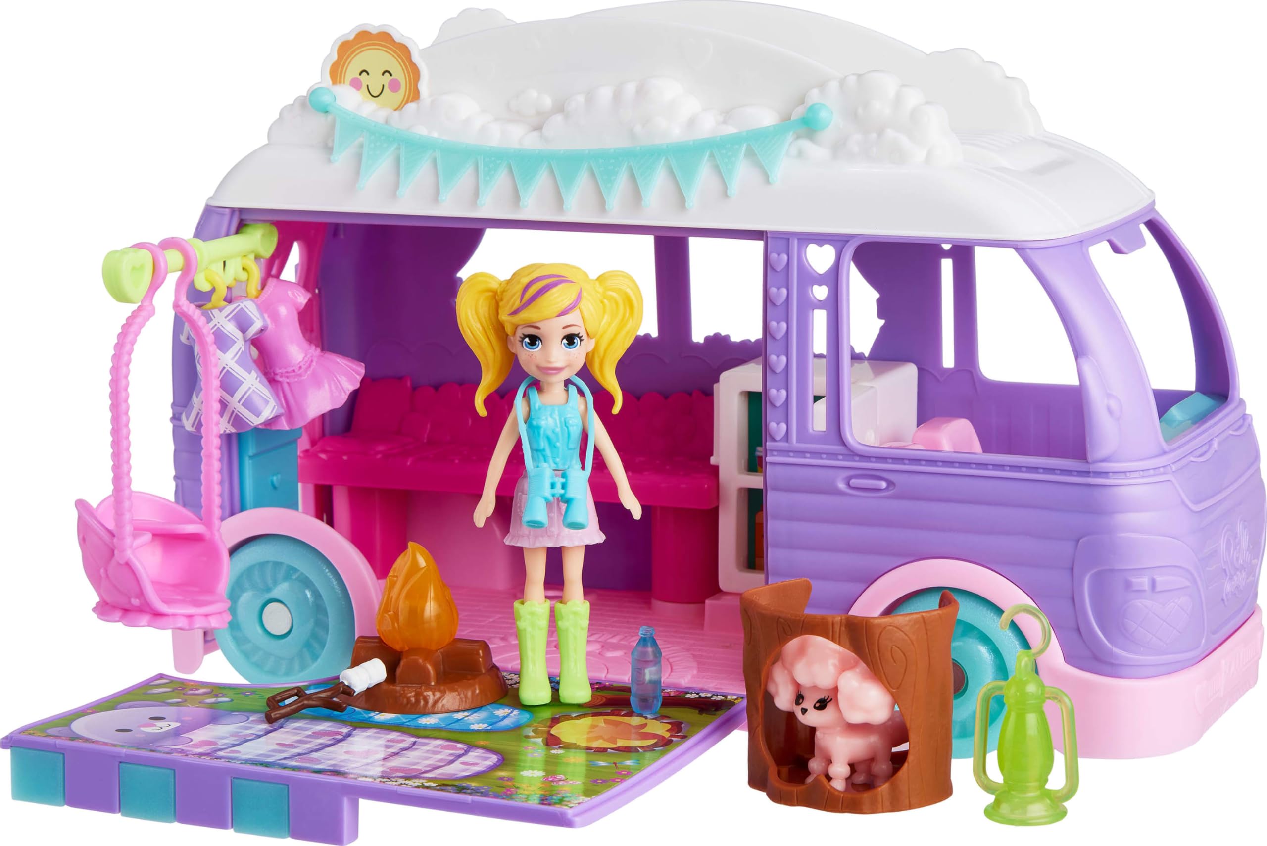 POLLY POCKET™ Muhteşem Karavan Polly Pocket Muhteşem Karavan, bebek ve evcil hayvan oyun seti, kamp ve yiyecek temalı aksesuarlar, seyahat oyuncağı JCC32