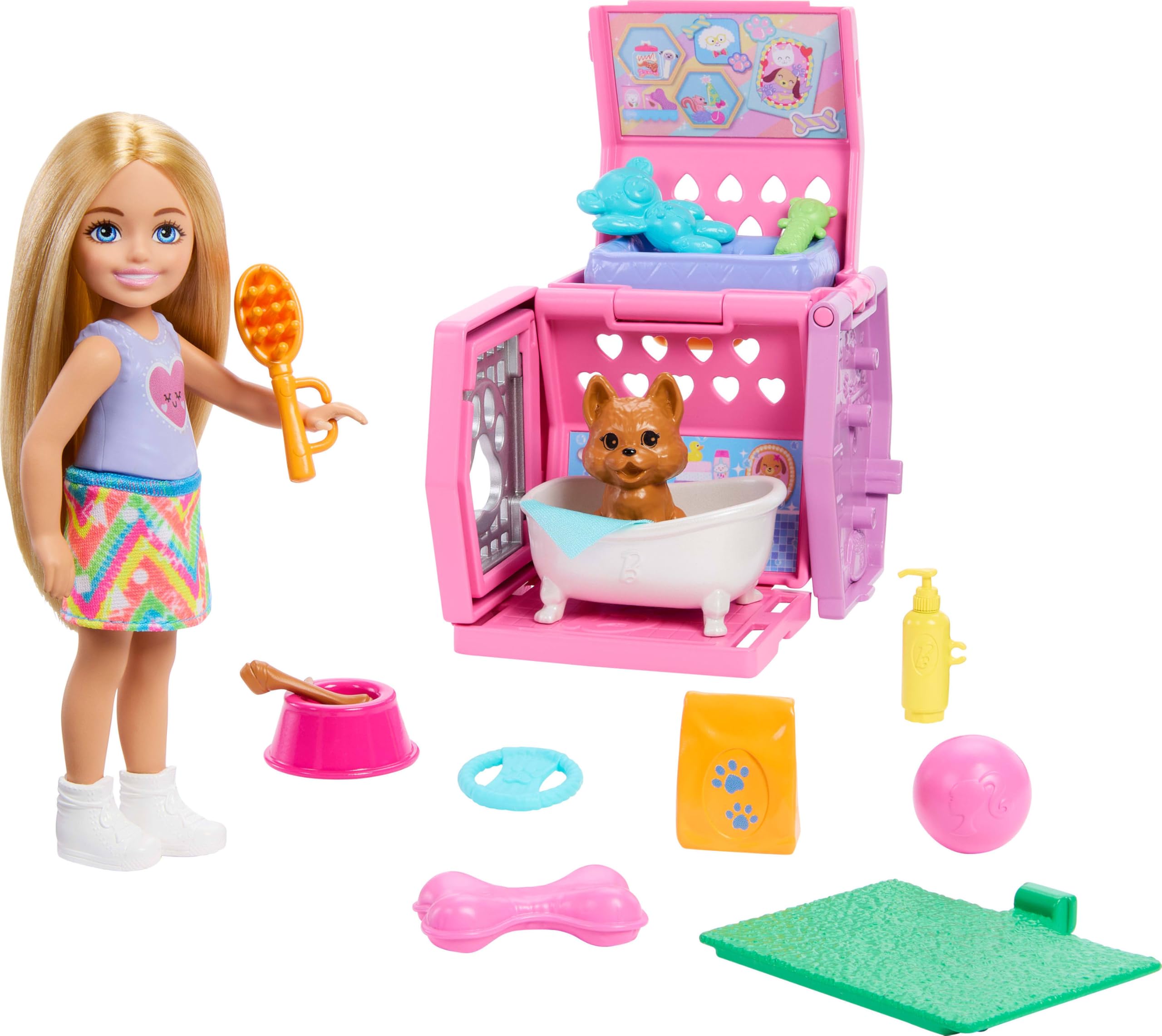 Barbie Chelsea™ Köpekçiğin Taşıma Çantası Oyun Seti BARBIE Chelsea Köpekçiğin Taşıma Çantası oyun seti, küçük bebek, taşıma çantası ve köpek aksesuarları JDF89