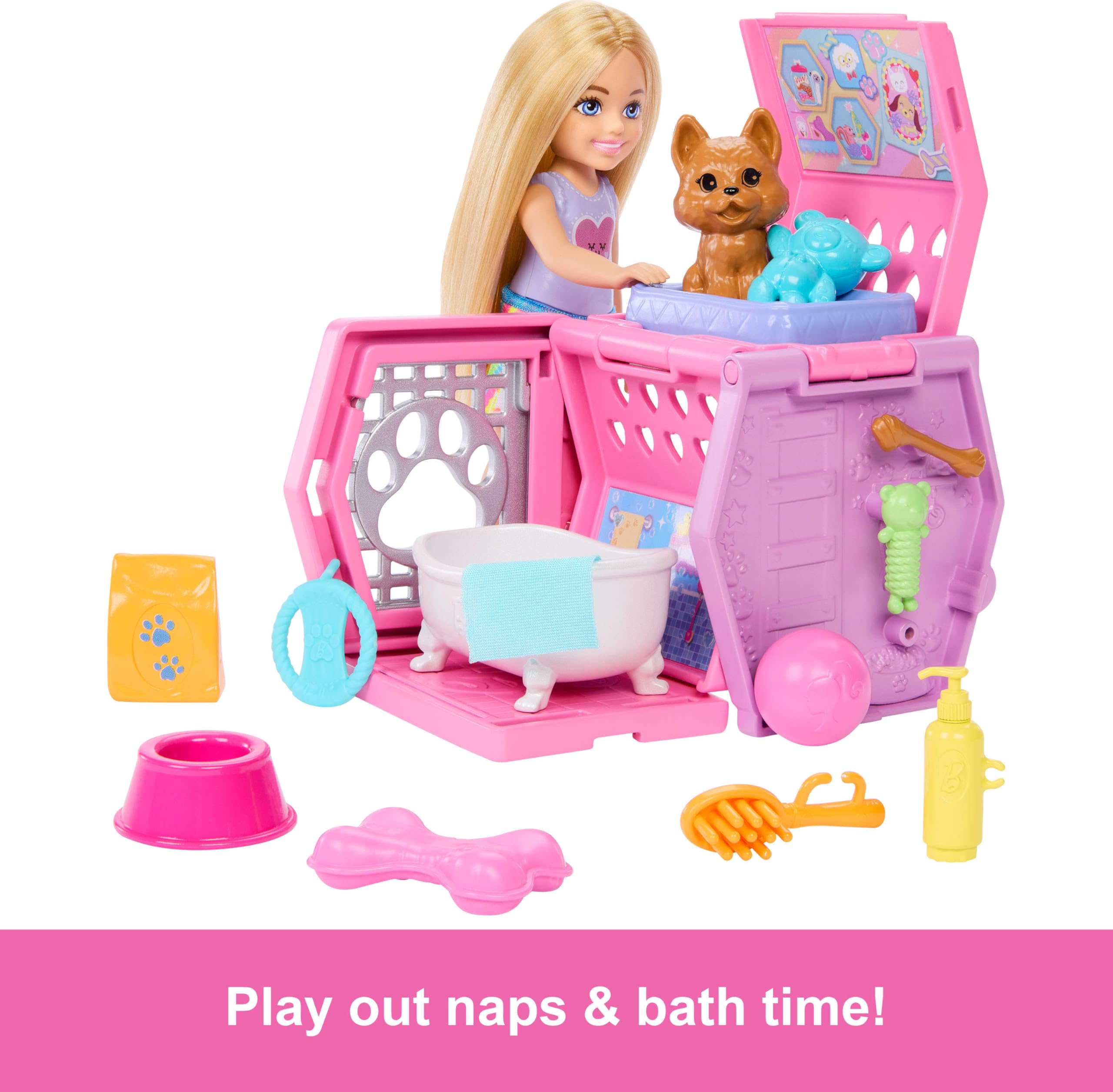 Barbie Chelsea™ Köpekçiğin Taşıma Çantası Oyun Seti BARBIE Chelsea Köpekçiğin Taşıma Çantası oyun seti, küçük bebek, taşıma çantası ve köpek aksesuarları JDF89
