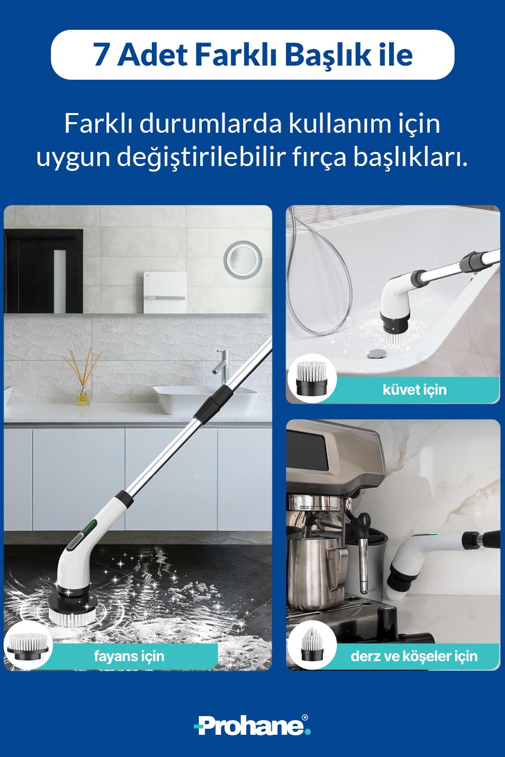 Prohane Elektrikli Temizlik Fırçası, Şarjlı Temizlik Fırçası 7 Adet Farklı Başlık ile, Mutfak ve Banyolarda Birçok Temizlik Görevi için, Küvet, Duş, Fayans ve Zemin İçin Temizlik Malzemeleri