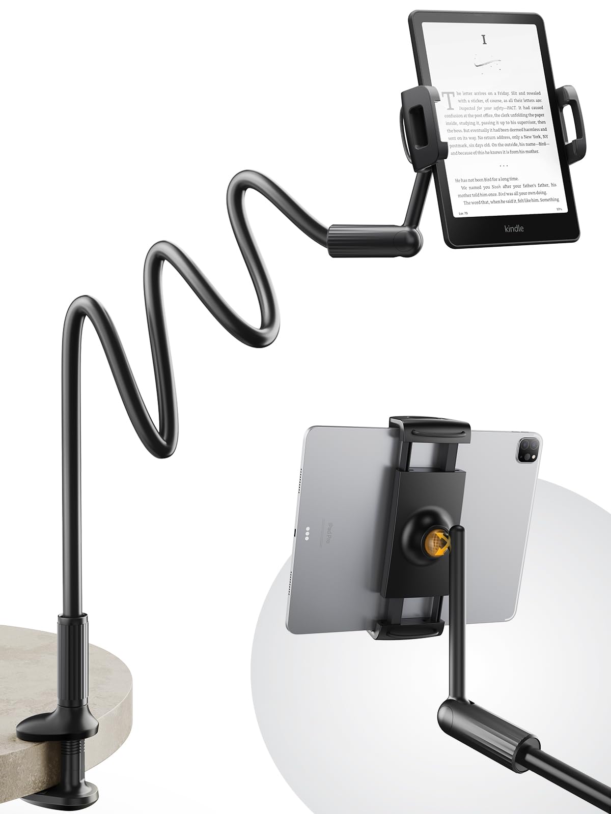 SAIJI 47 inç Gooseneck Kindle Tutucu, Yükseltilmiş Tabanlı Yatak için Tablet Tutucu, Esnek Tembel Kollu iPad Standı, iPad mini Pro Air, Kindle, Galaxy veya Diğer 4,7-11 inç Cihazlarla Uyumlu (Siyah)