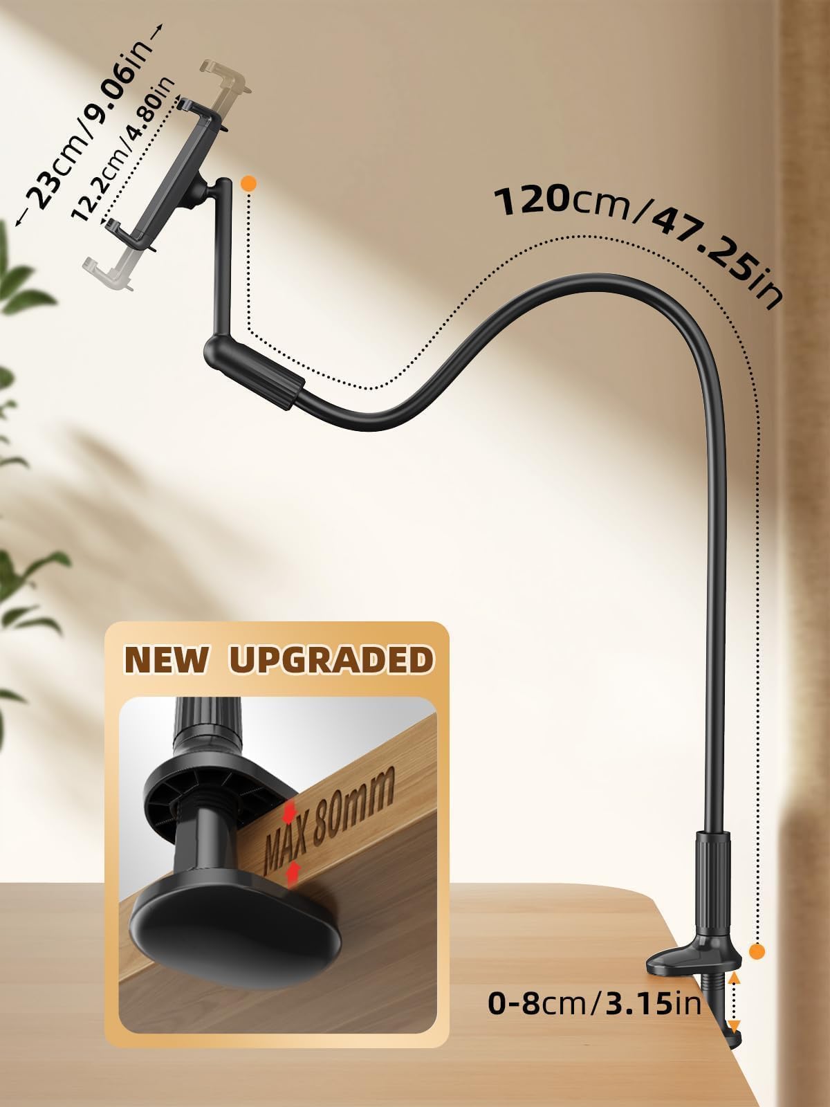SAIJI 47 inç Gooseneck Kindle Tutucu, Yükseltilmiş Tabanlı Yatak için Tablet Tutucu, Esnek Tembel Kollu iPad Standı, iPad mini Pro Air, Kindle, Galaxy veya Diğer 4,7-11 inç Cihazlarla Uyumlu (Siyah)