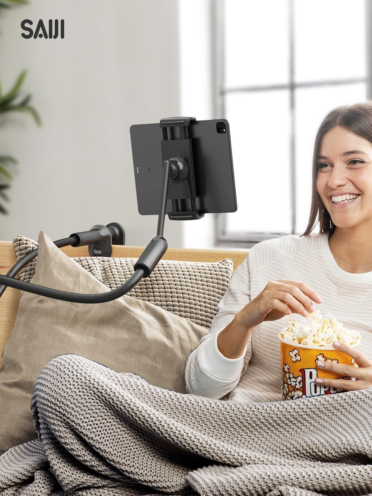 SAIJI 47 inç Gooseneck Kindle Tutucu, Yükseltilmiş Tabanlı Yatak için Tablet Tutucu, Esnek Tembel Kollu iPad Standı, iPad mini Pro Air, Kindle, Galaxy veya Diğer 4,7-11 inç Cihazlarla Uyumlu (Siyah)