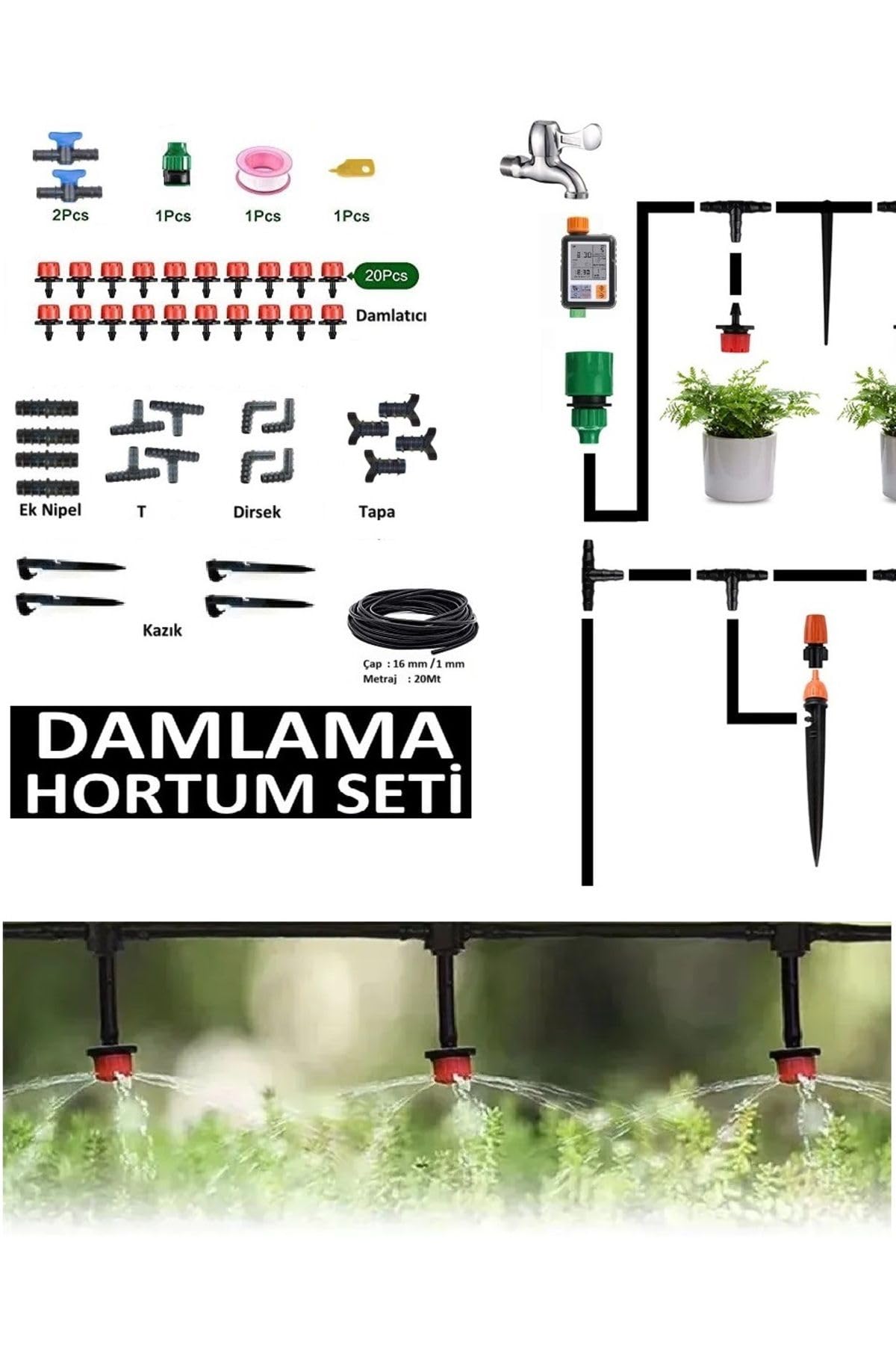 Depolife Damlama Sulama Hortum Seti 20Mt Hortum Boru Nozul Ve Boru Bağlantı Aparatları Fidan Bitki Bahçe