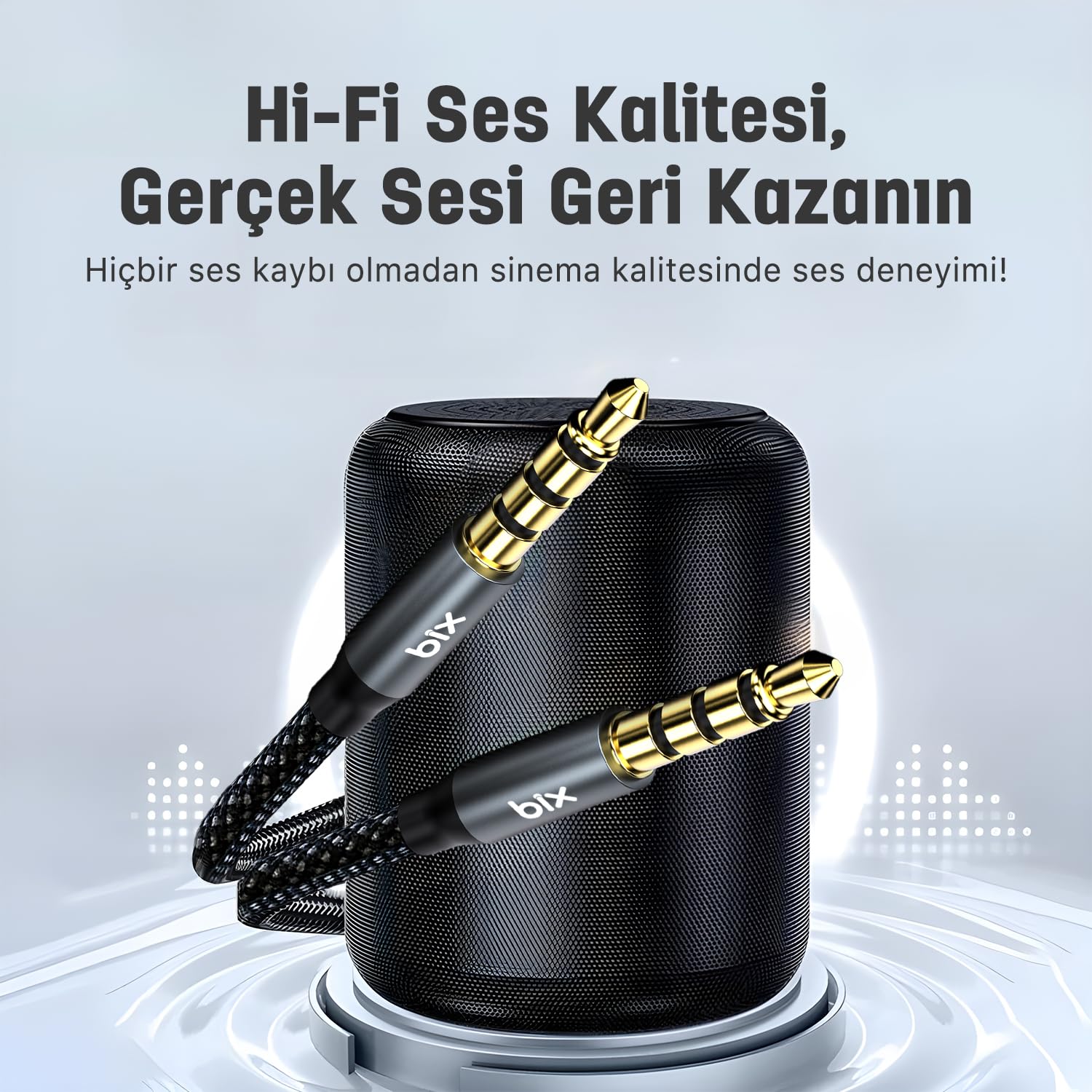 Bix BXAU3C Hi-Fi 3.5mm Örgülü Aux Ses Kablosu 24K Altın Kaplama, Araç Ses Sistemi, TV, Hoparlör, Kulaklık, Dayanıklı ve Esnek Ses Kablosu 2 Metre