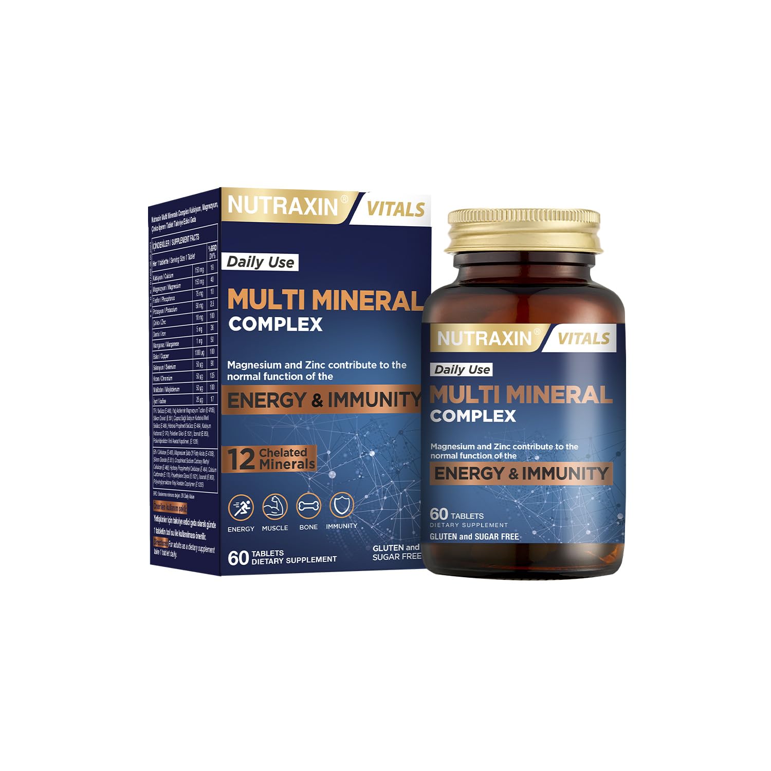 Nutraxin Multi Mineral Complex | 12 Mineral İçeren Takviye | Vegan | 60 Tablet | Kalsiyum, Magnezyum, Çinko, Demir ve Daha Fazlası