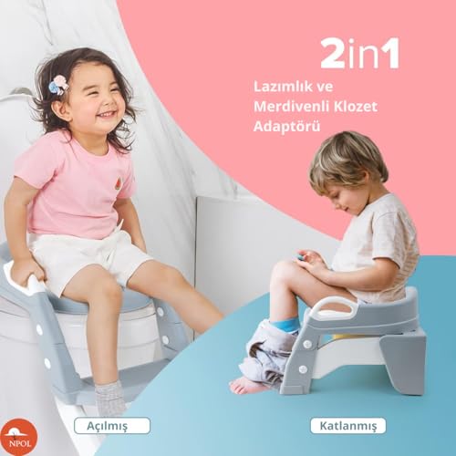 NPOL Latrina Pro Basamaklı Çocuk Tuvalet Eğitim Seti - Merdivenli Çocuk Tuvalet Oturağı - Kaymaz ve Tutacaklı Katlanabilir Klozet Küçültücü - Klozet Adaptörü - Lazımlık - Pembe