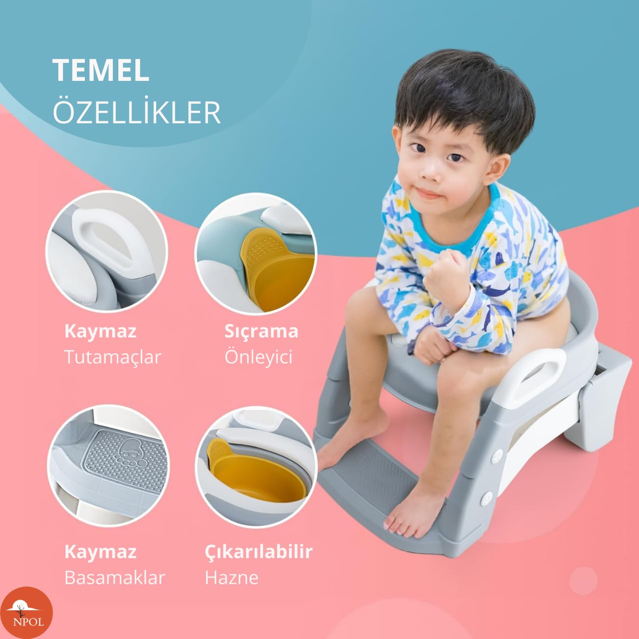 NPOL Latrina Pro Basamaklı Çocuk Tuvalet Eğitim Seti - Merdivenli Çocuk Tuvalet Oturağı - Kaymaz ve Tutacaklı Katlanabilir Klozet Küçültücü - Klozet Adaptörü - Lazımlık - Pembe