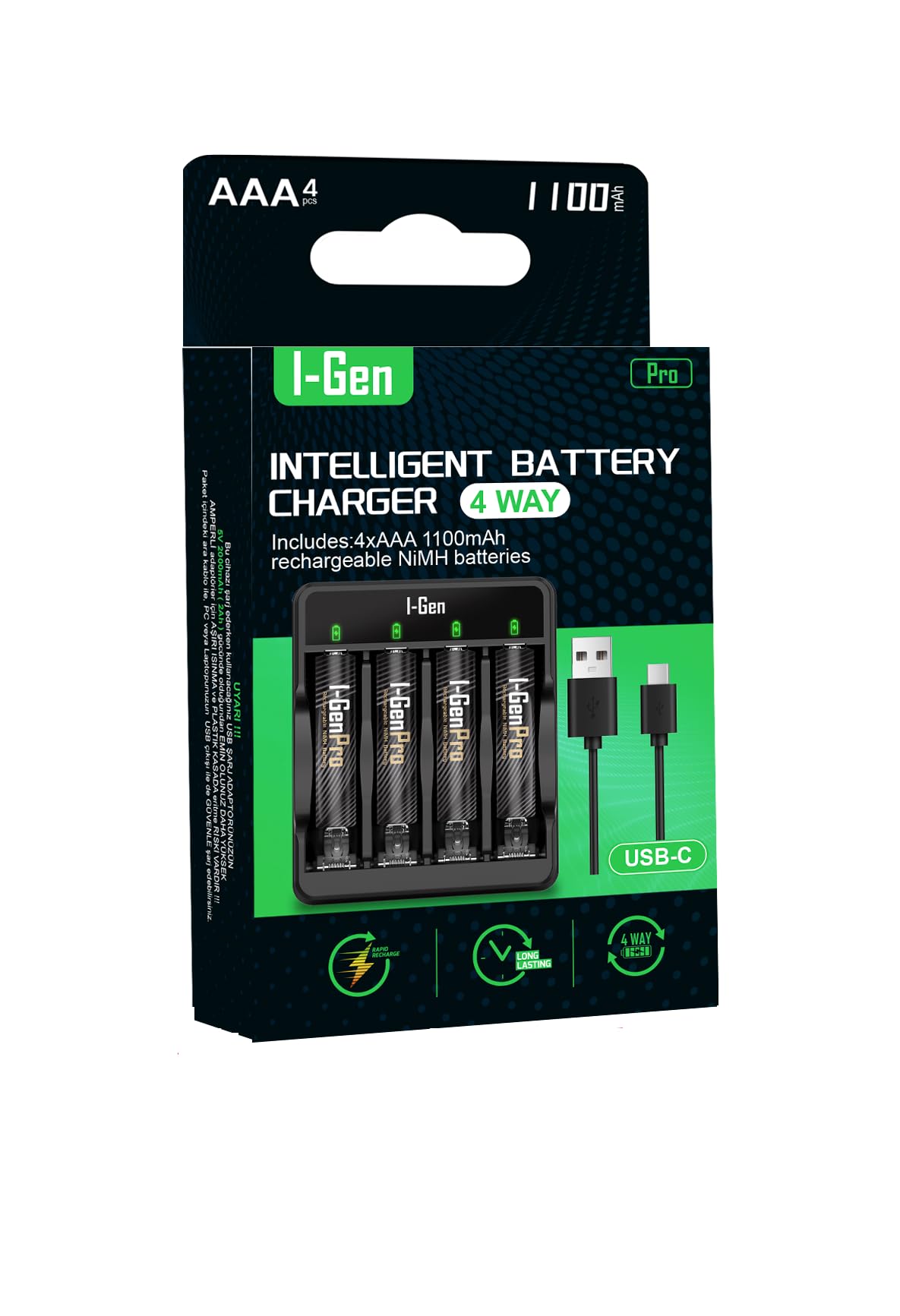 I-Gen G411 4'lü Pil Şarj Aleti + 4 Adet AAA Pro 1100 mAh Şarjlı İnce Kalem Pilli Set