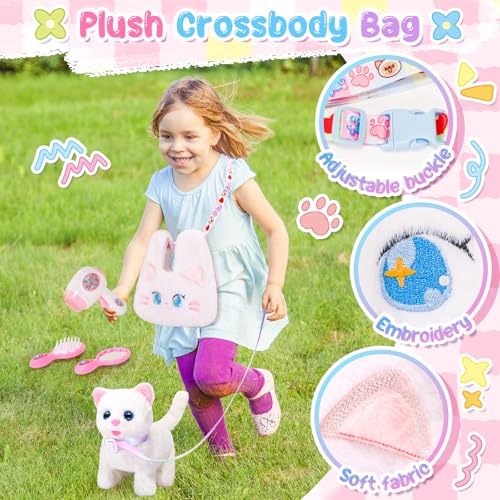 NINAOR Crossbody Çantalı Çocuklar İçin Etkileşimli Kedi Oyuncakları, Tasma Yürüyüş Miyav Pretend Play Kitty Robot Pet Oyuncak, Elektronik Gerçekçi Sevimli Şeyler Kızlar için Peluş Bebek Oyuncakları