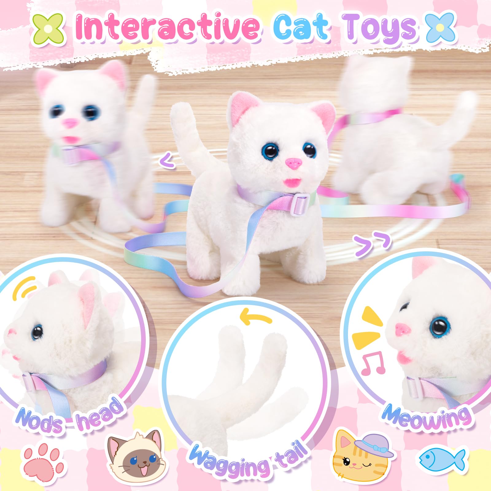 NINAOR Crossbody Çantalı Çocuklar İçin Etkileşimli Kedi Oyuncakları, Tasma Yürüyüş Miyav Pretend Play Kitty Robot Pet Oyuncak, Elektronik Gerçekçi Sevimli Şeyler Kızlar için Peluş Bebek Oyuncakları