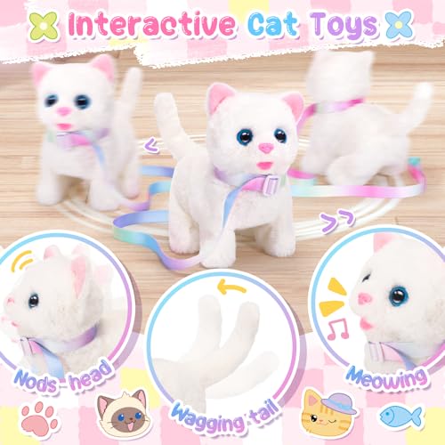 NINAOR Crossbody Çantalı Çocuklar İçin Etkileşimli Kedi Oyuncakları, Tasma Yürüyüş Miyav Pretend Play Kitty Robot Pet Oyuncak, Elektronik Gerçekçi Sevimli Şeyler Kızlar için Peluş Bebek Oyuncakları