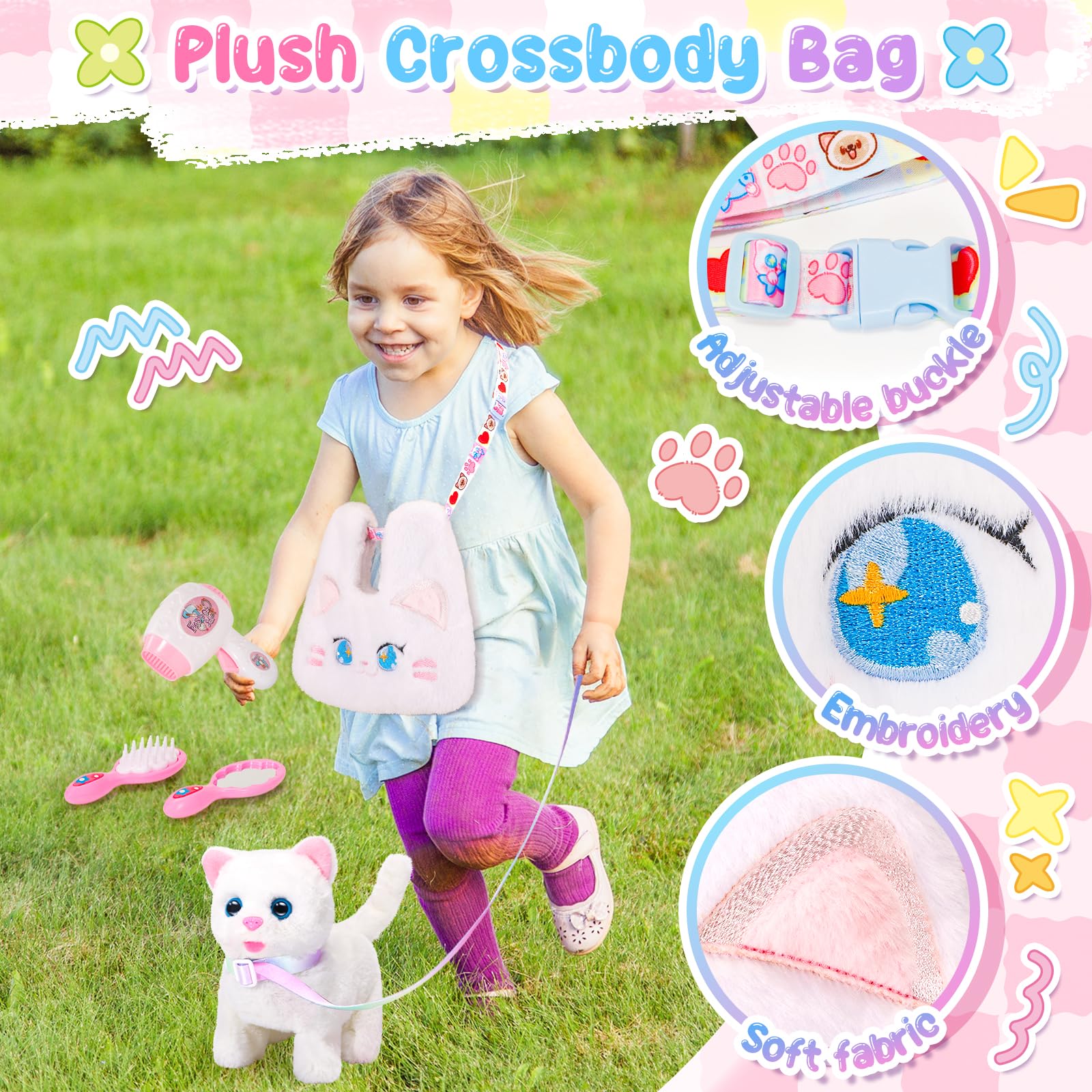 NINAOR Crossbody Çantalı Çocuklar İçin Etkileşimli Kedi Oyuncakları, Tasma Yürüyüş Miyav Pretend Play Kitty Robot Pet Oyuncak, Elektronik Gerçekçi Sevimli Şeyler Kızlar için Peluş Bebek Oyuncakları