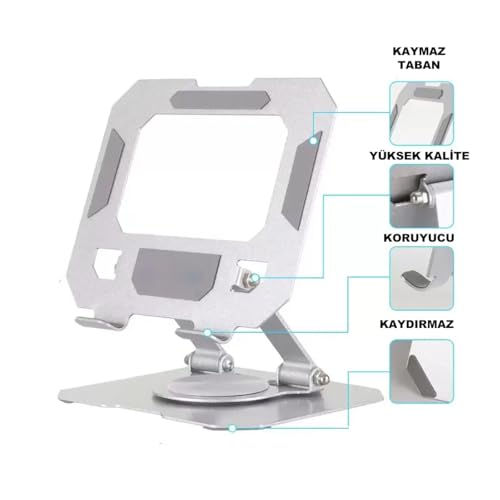 ROBEVE Tablet Standı 360 Derece Dönebilen Tablet Stand Katlanabilir Metal Tablet Tutucu Standı Tablet ve Telefon Tutucu Stant Tablet Tutucu Metal (Metalik Gri)