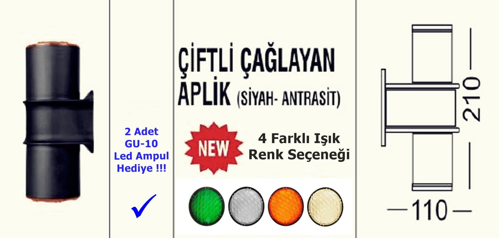 Çiftli Çağlayan Aplik IP54 Dış Mekan Zita Beyaz, Günışığı, Yeşil, Turuncu Işık Bahçe Aydınlatma Duvar Apliği + 2 Adet Gu10 Led Ampul (Turuncu)