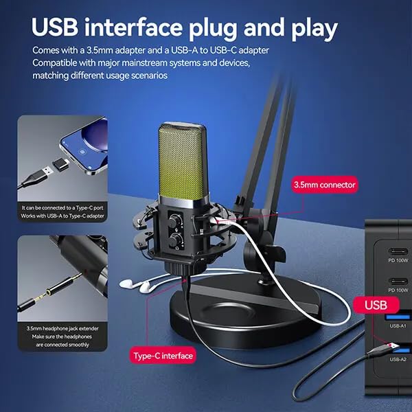 Coverzone RGB USB Condenser Microphone – Studio Kalitesinde Kayıt, Gürültü Azaltmalı Profesyonel Mikrofon, Oyun Yayını ve Podcast için Kardioid Mikrofon, Metal Gövdeli Tripod Standlı | X3R