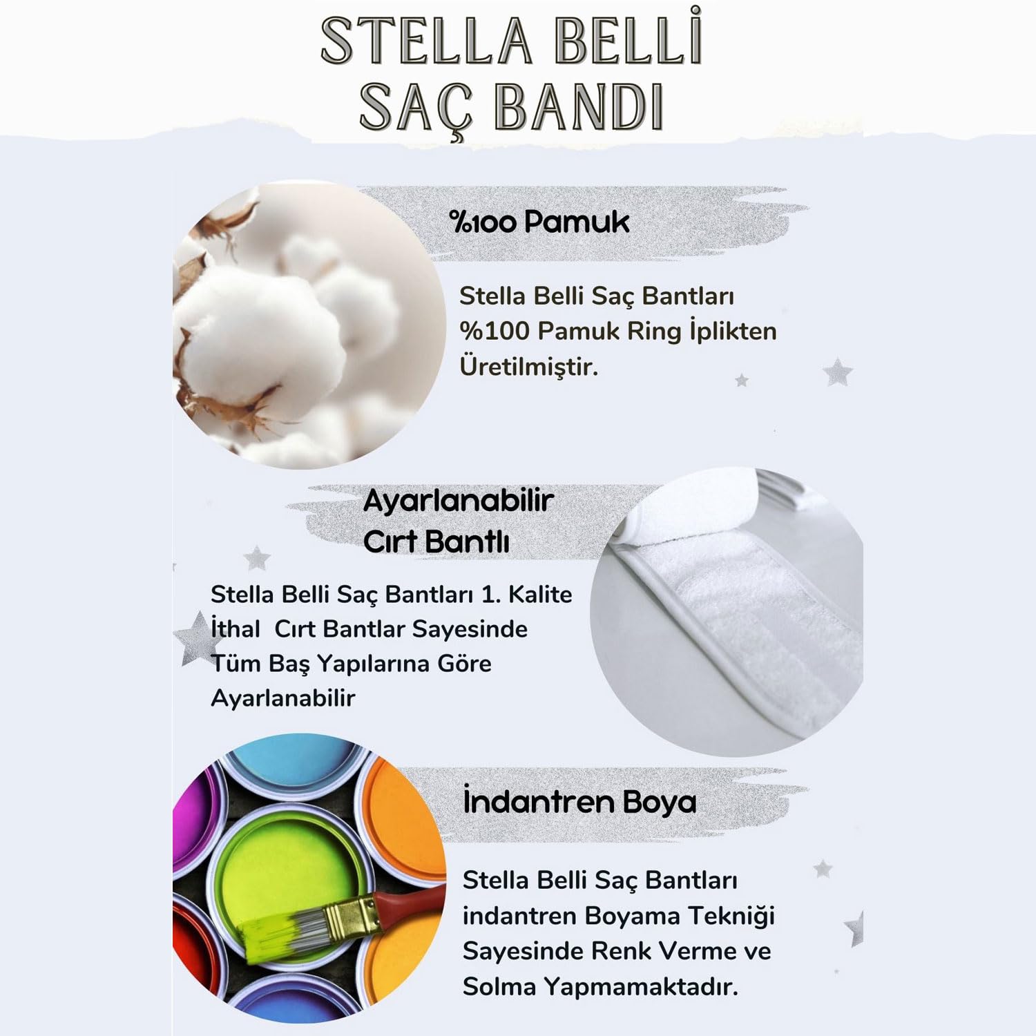 StellaBelli Bandana,%100 Pamuk Cırt Bantlı, Biyeli, Havlu Kafa - Saç Ve Makyaj Bandı | 3 Lü Set