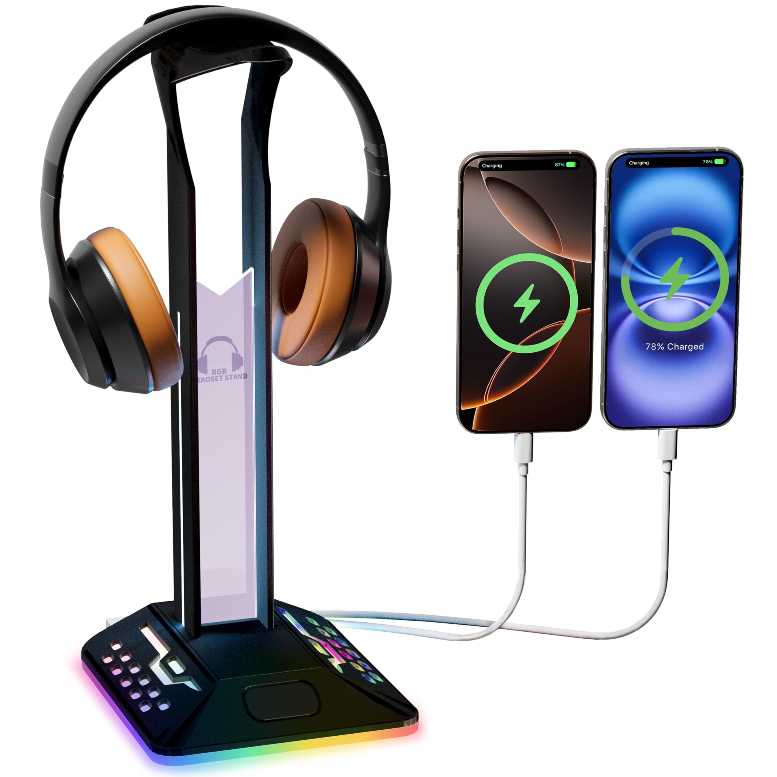 SOURCELLL RGB Kulaklık Standı 2 USB 2.0 Uzatma Şarj Portu Genişletici Kablosu, Masa Oyun Kulaklığı Tutacağı, Soğuk LED Kulaklık Tutucu PC Oyun Aksesuarları, Oyun Hediyeleri