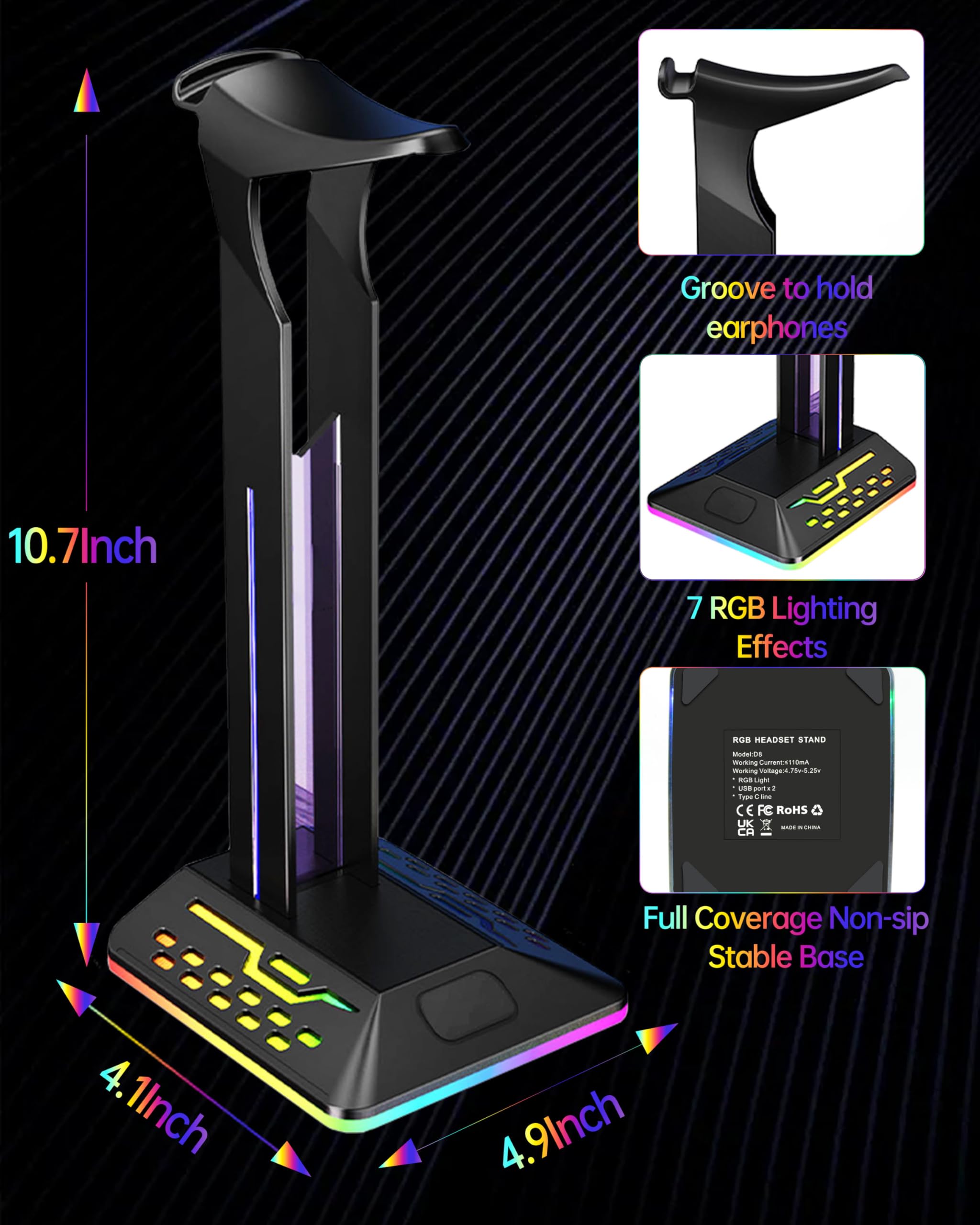 SOURCELLL RGB Kulaklık Standı 2 USB 2.0 Uzatma Şarj Portu Genişletici Kablosu, Masa Oyun Kulaklığı Tutacağı, Soğuk LED Kulaklık Tutucu PC Oyun Aksesuarları, Oyun Hediyeleri