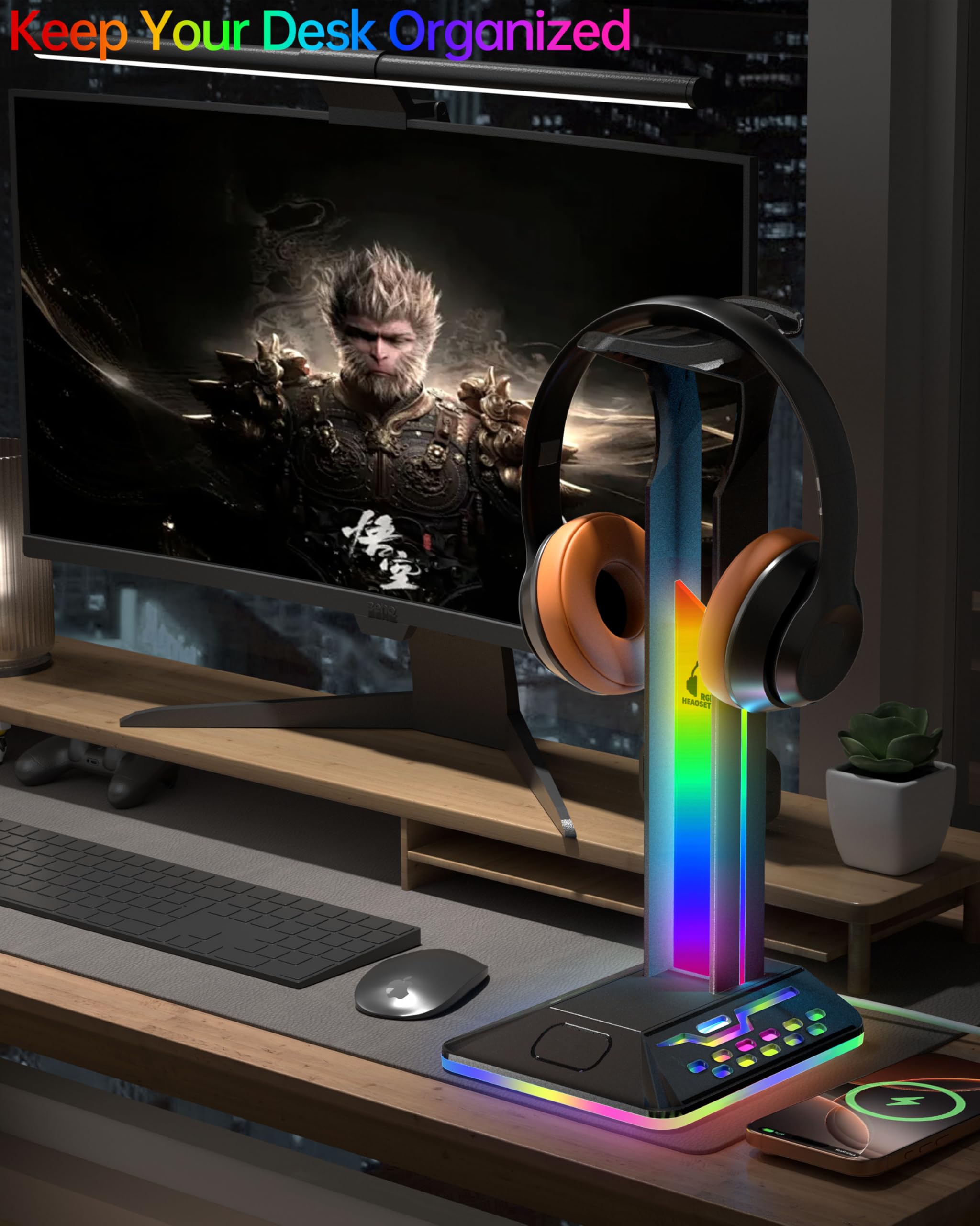 SOURCELLL RGB Kulaklık Standı 2 USB 2.0 Uzatma Şarj Portu Genişletici Kablosu, Masa Oyun Kulaklığı Tutacağı, Soğuk LED Kulaklık Tutucu PC Oyun Aksesuarları, Oyun Hediyeleri