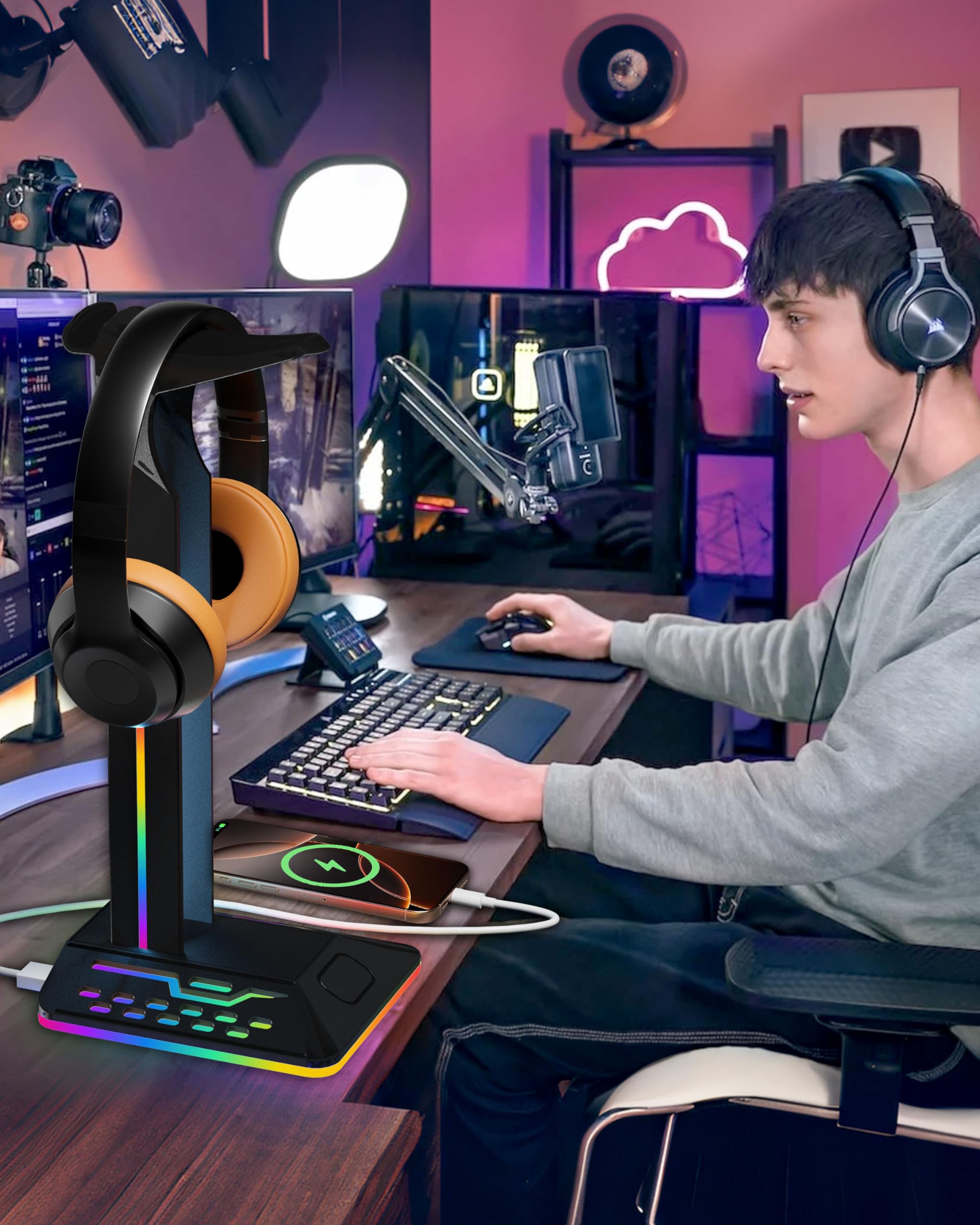 SOURCELLL RGB Kulaklık Standı 2 USB 2.0 Uzatma Şarj Portu Genişletici Kablosu, Masa Oyun Kulaklığı Tutacağı, Soğuk LED Kulaklık Tutucu PC Oyun Aksesuarları, Oyun Hediyeleri