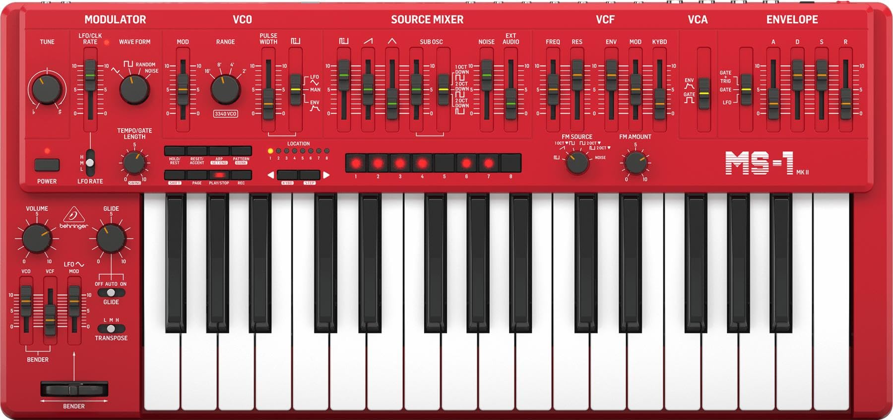 Behringer MS-1 MK II-RD Analog Synthesizer with 32 Full-Size Keys, 3340 VCO with 4 Simultaneous Waveforms, VCF, NovaMod FM Sources, 32-Step Sequencer, Arpeggiator and Live Performance Kit