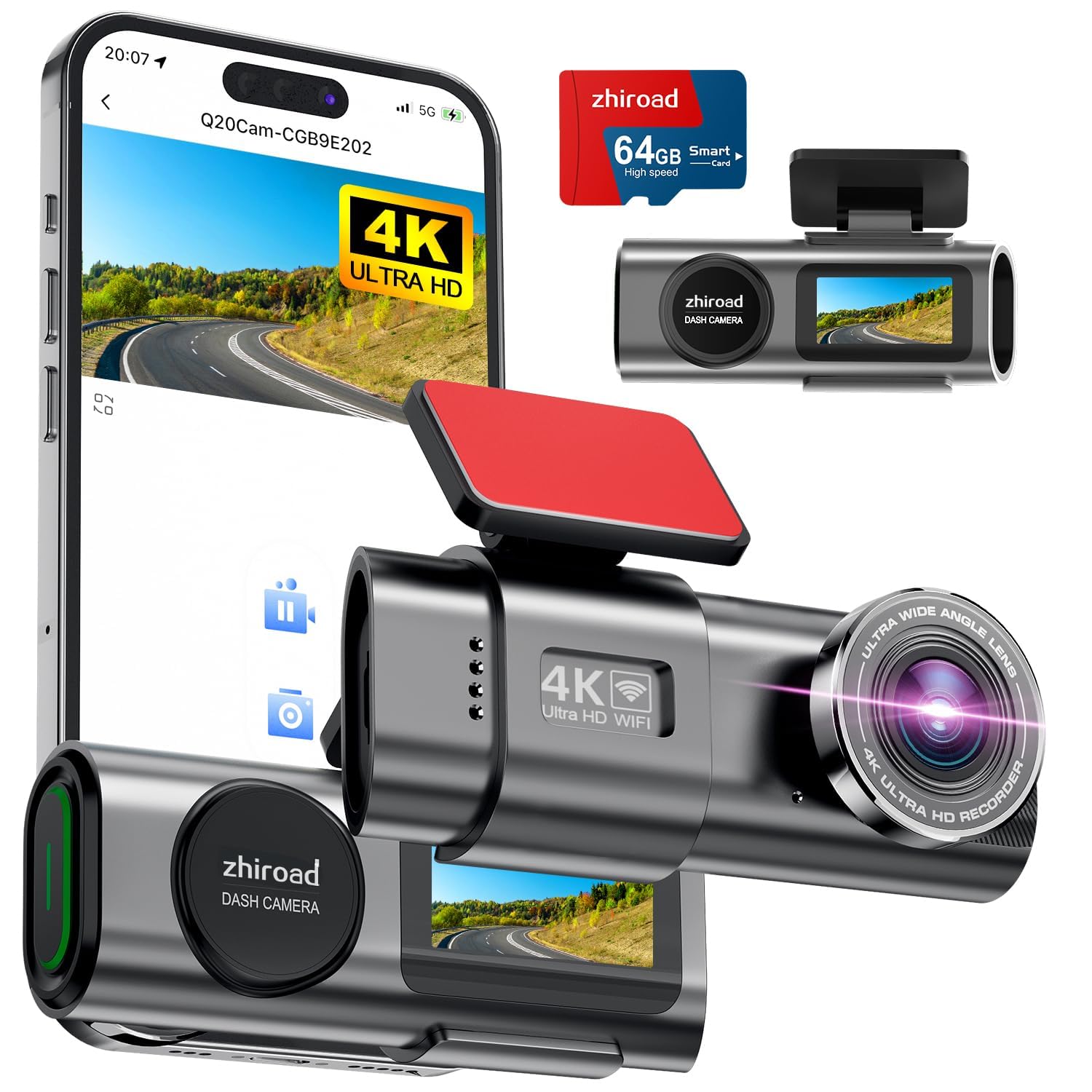 4K WiFi ön araç içi kamera, uygulama kontrolü, 64 G SD kart ve çıkarılabilir tutuculu, 1,47 inç IPS ekran, 170° süper geniş açı, gece görüşü, WDR, G sensörü, döngü kayıt, 24 saat park izleme