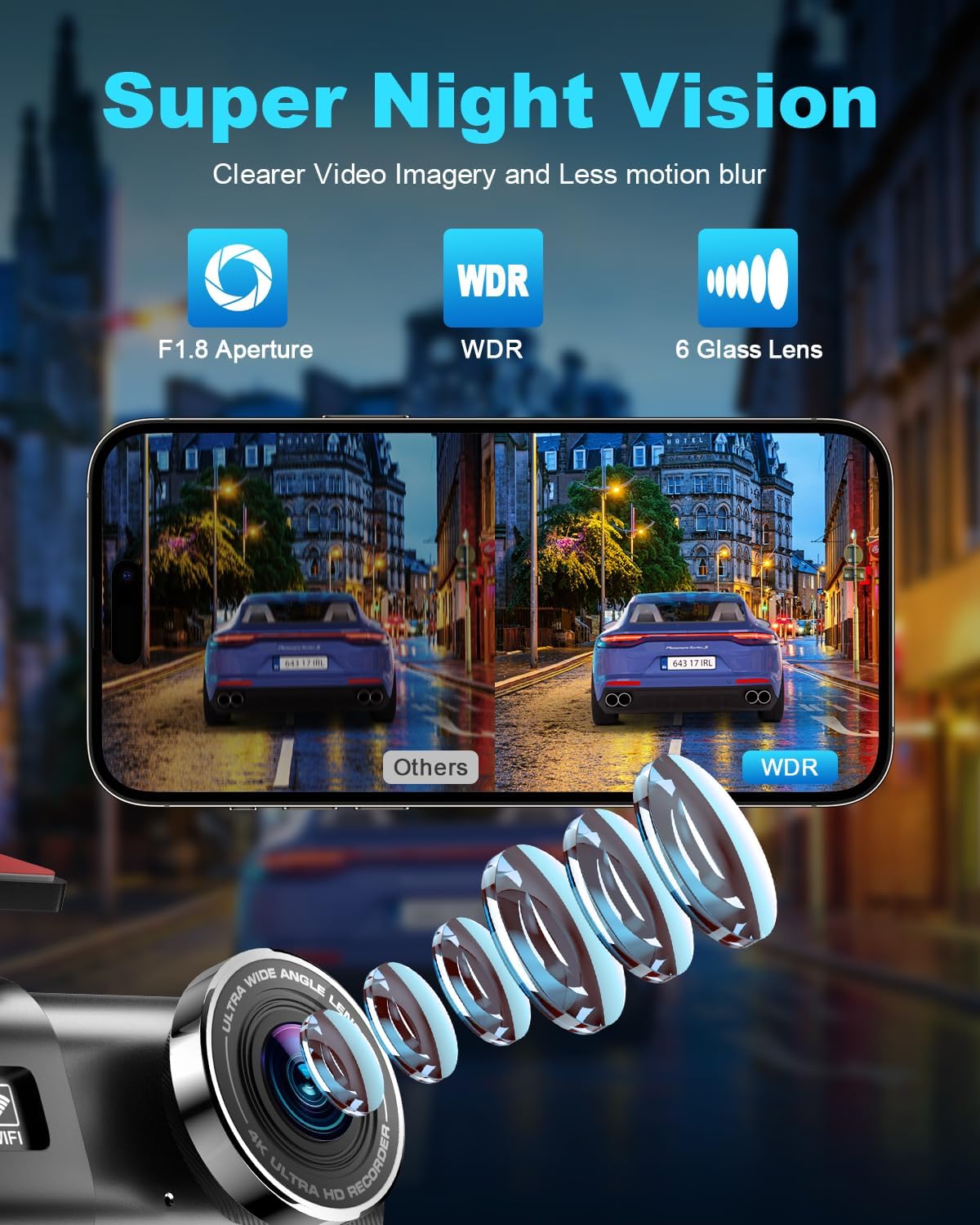 4K WiFi ön araç içi kamera, uygulama kontrolü, 64 G SD kart ve çıkarılabilir tutuculu, 1,47 inç IPS ekran, 170° süper geniş açı, gece görüşü, WDR, G sensörü, döngü kayıt, 24 saat park izleme