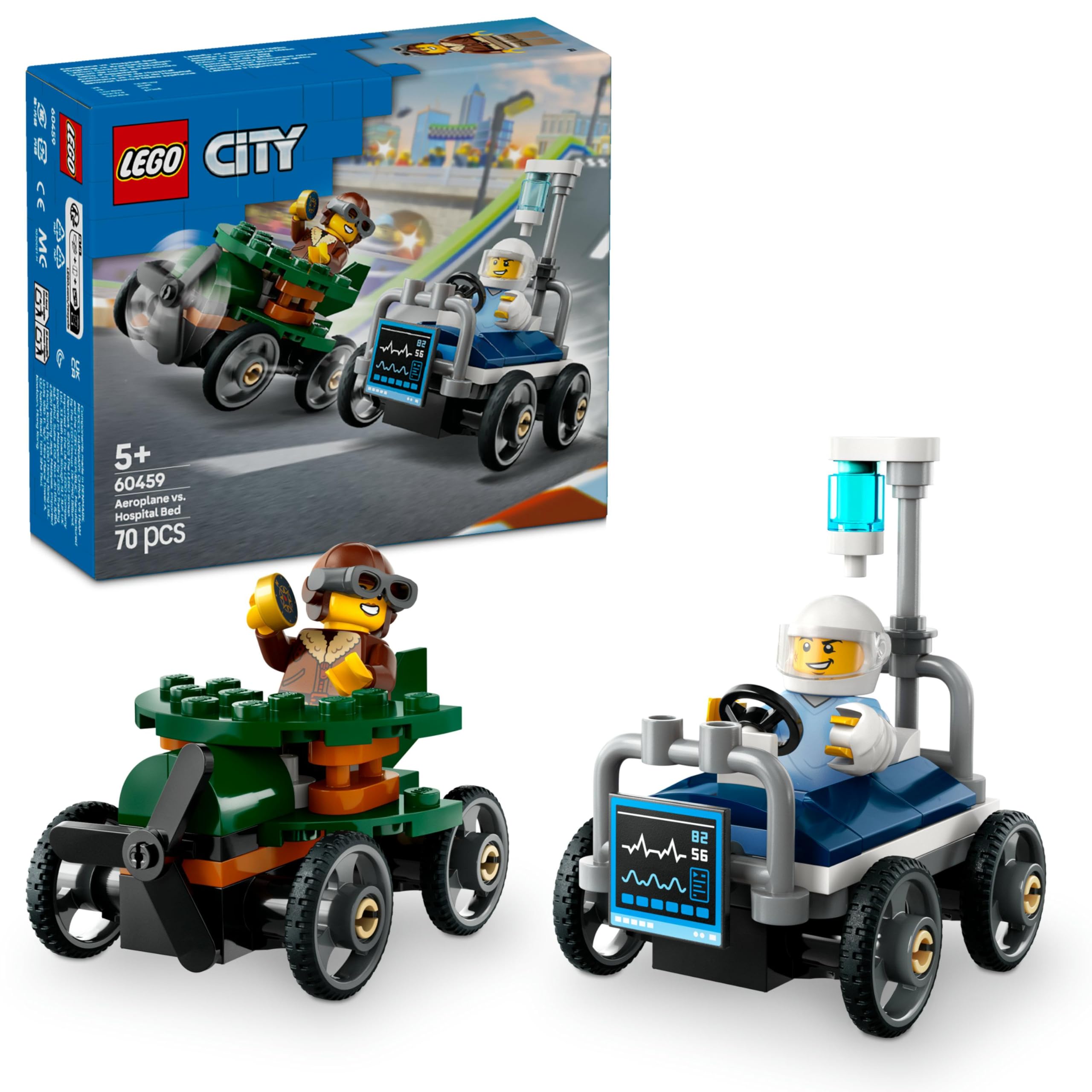 LEGO City Uçak, Hastane Yatağına Karşı Yarış Arabası Paketi 60459-5 Yaş Üzeri Çocuklar için Yaratıcı Oyuncak Yapım Seti, Doğum Günü Hediyesi (70 Parça)