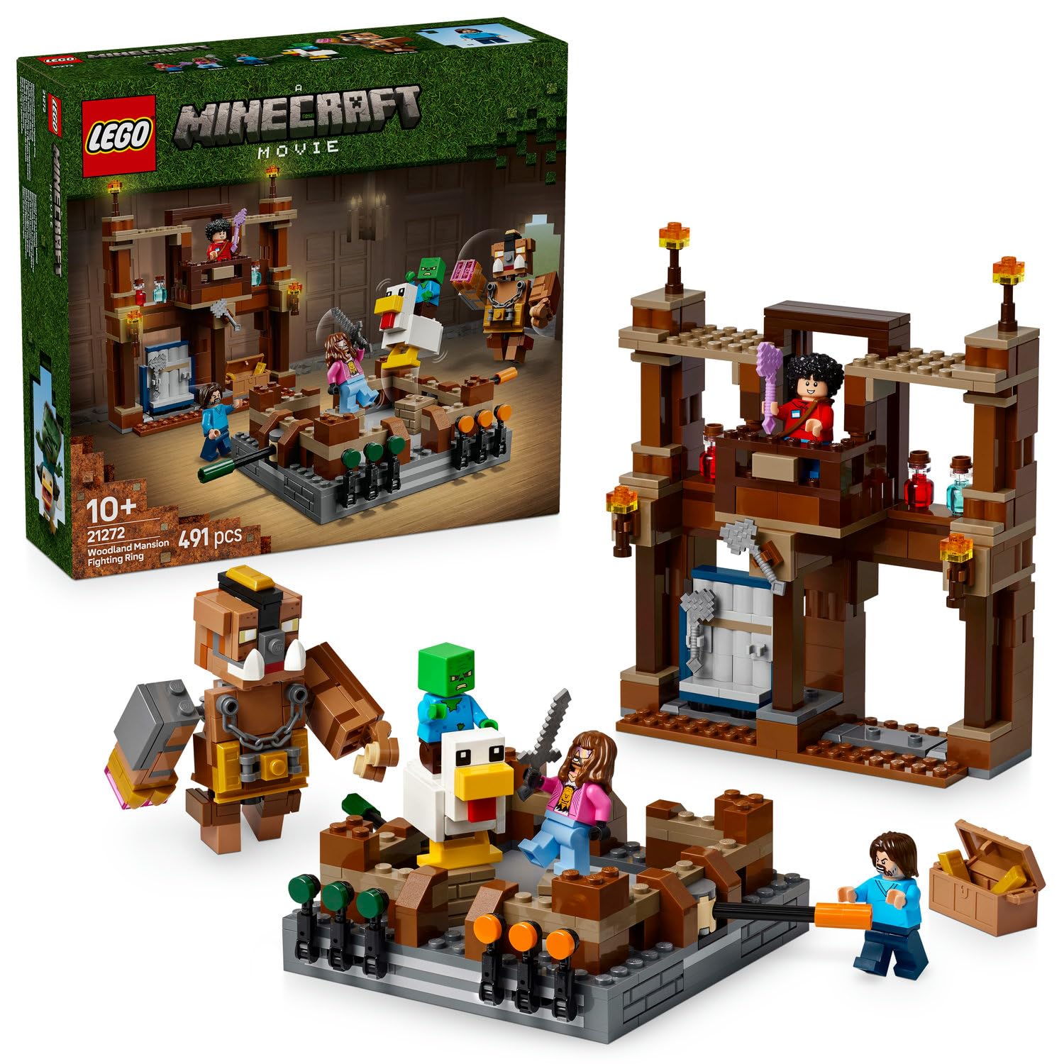 LEGO Minecraft Orman Malikanesi Dövüş Ringi 21272-10 Yaş Üzeri Kız ve Erkek Çocuklar için Tavuk Jokey ve Duruşu Ayarlanabilir Büyük Domuz Minifigürleri İçeren Yaratıcı Oyuncak Yapım Seti (491 Parça)