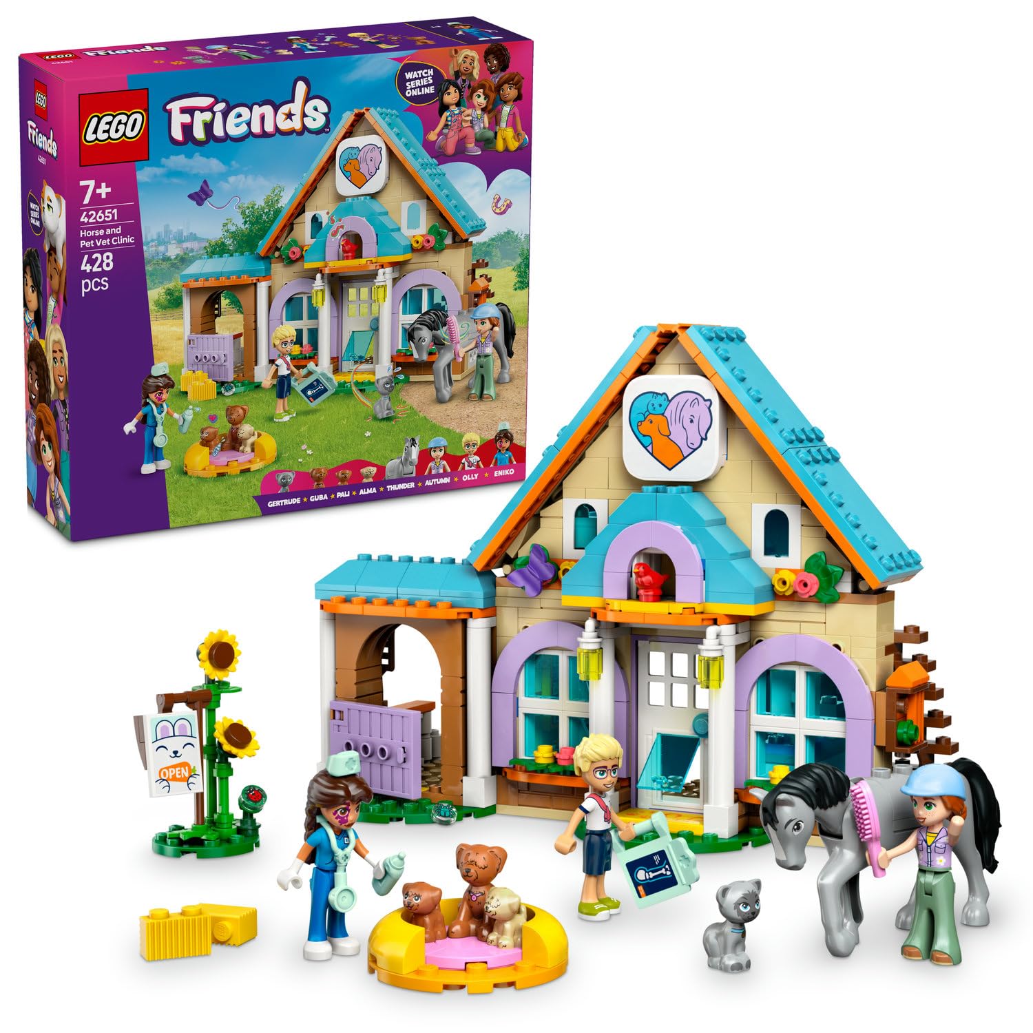 LEGO Friends At ve Evcil Hayvan Veteriner Kliniği 42651-7 Yaş ve Üzeri Kız ve Erkek Çocuklar için Mini Bebek, At ve Köpek Figürü İçeren Yaratıcı Oyuncak Yapım Seti, Doğum Günü Hediyesi (428 Parça)