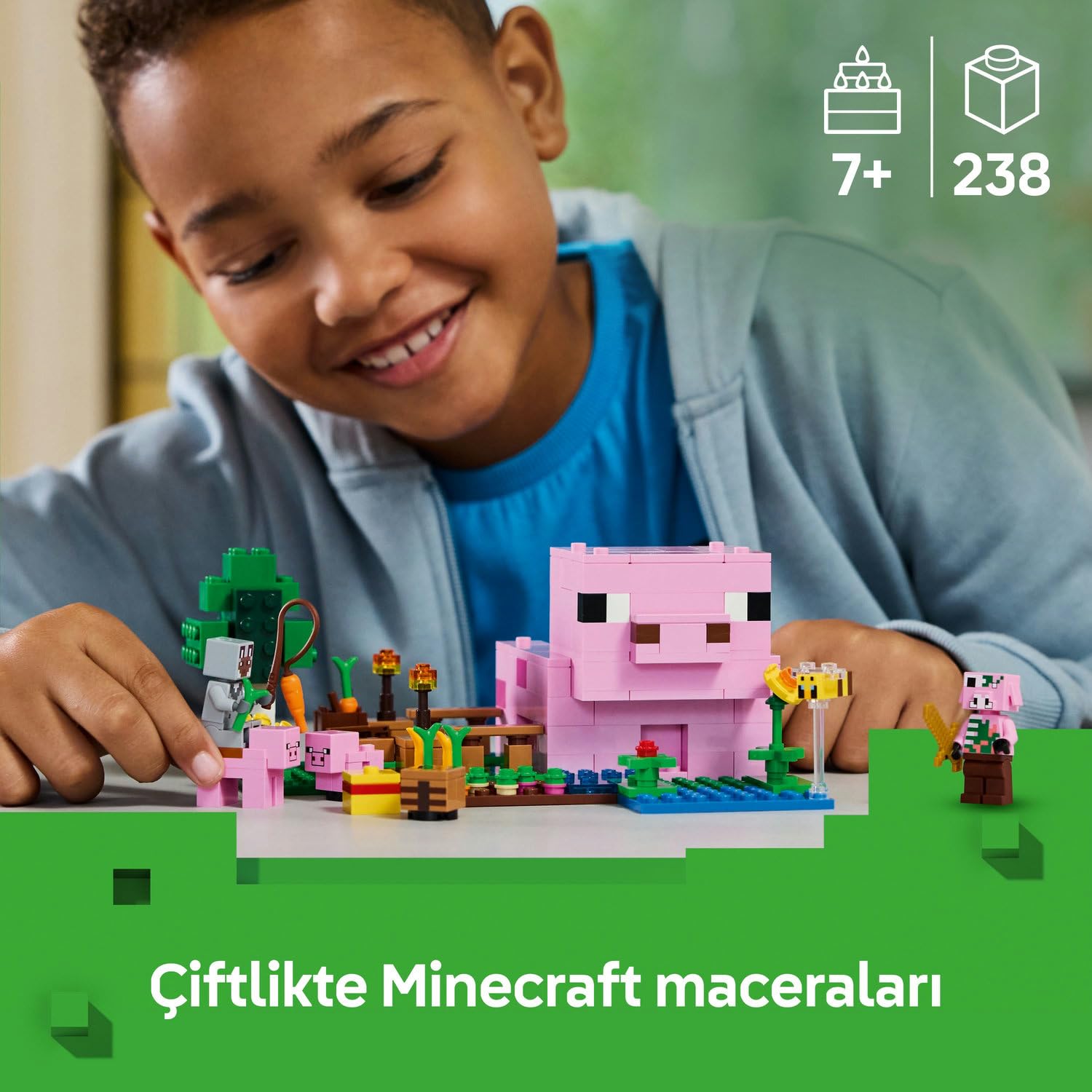 LEGO Minecraft Yavru Domuz Evi 21268 – 7 Yaş ve Üzeri Çocuklar için Kahraman Figürü, Yaratıklar ve Orman Biyomu İçeren Çiftlik Hayvanı Yapım Seti, Erkek ve Kız Çocukları için Hediye Fikri (238 Parça)