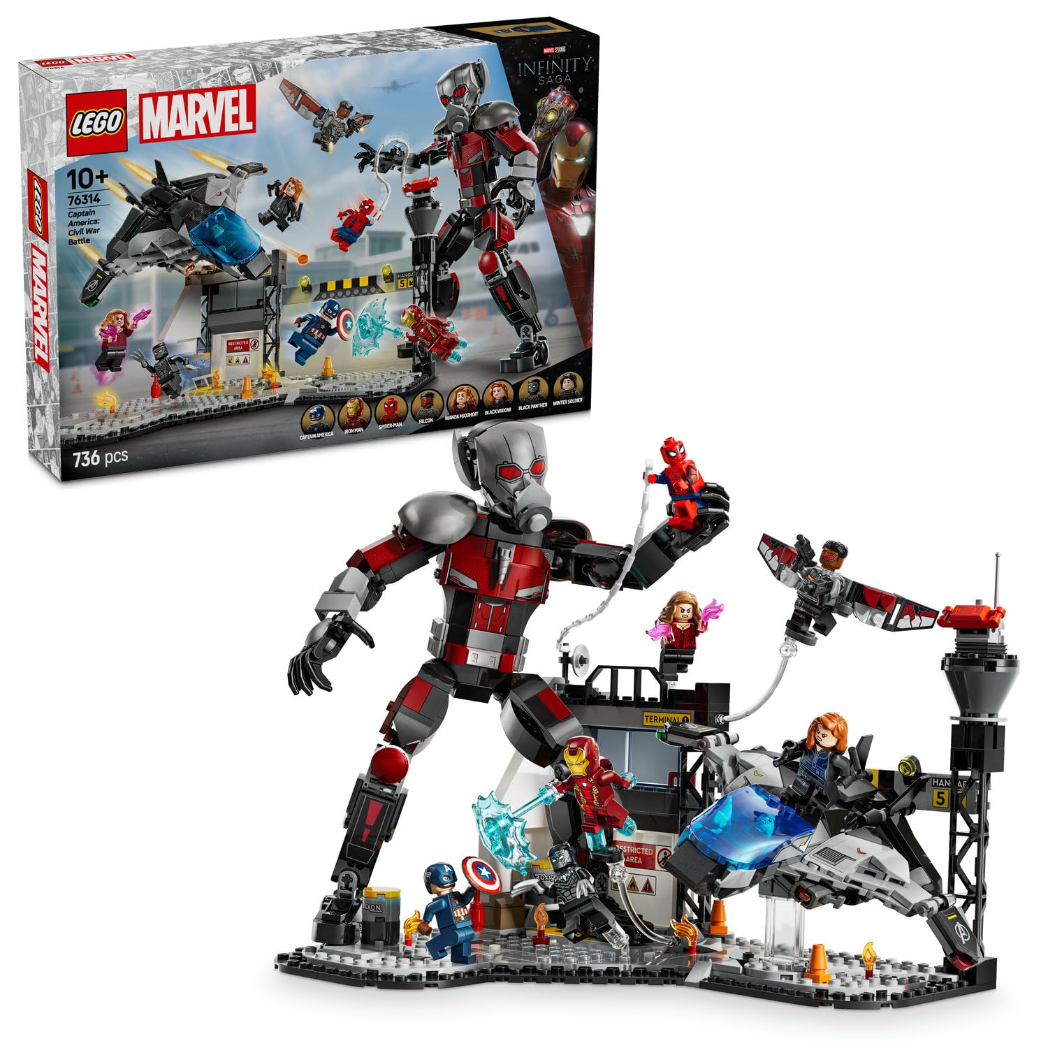 LEGO | Marvel Kaptan Amerika: Kahramanların Savaşı Aksiyon Savaşı 76314-10 Yaş ve Üzeri Çocuklar İçin 8 Minifigürlü Oyuncak Yapım Seti, Doğum Günü Hediyesi (736 Parça)