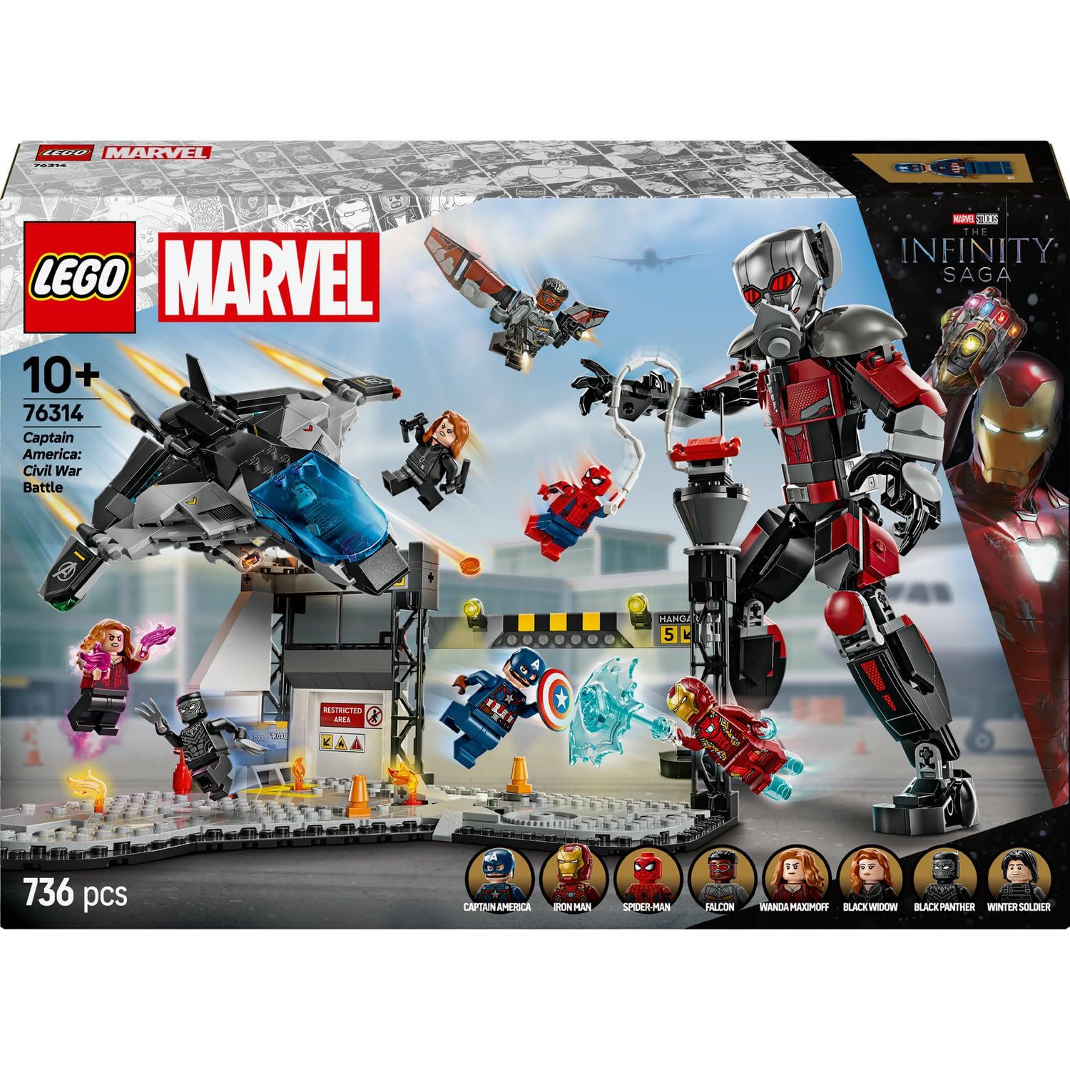 LEGO | Marvel Kaptan Amerika: Kahramanların Savaşı Aksiyon Savaşı 76314-10 Yaş ve Üzeri Çocuklar İçin 8 Minifigürlü Oyuncak Yapım Seti, Doğum Günü Hediyesi (736 Parça)