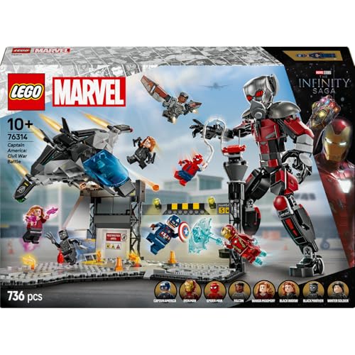 LEGO | Marvel Kaptan Amerika: Kahramanların Savaşı Aksiyon Savaşı 76314-10 Yaş ve Üzeri Çocuklar İçin 8 Minifigürlü Oyuncak Yapım Seti, Doğum Günü Hediyesi (736 Parça)