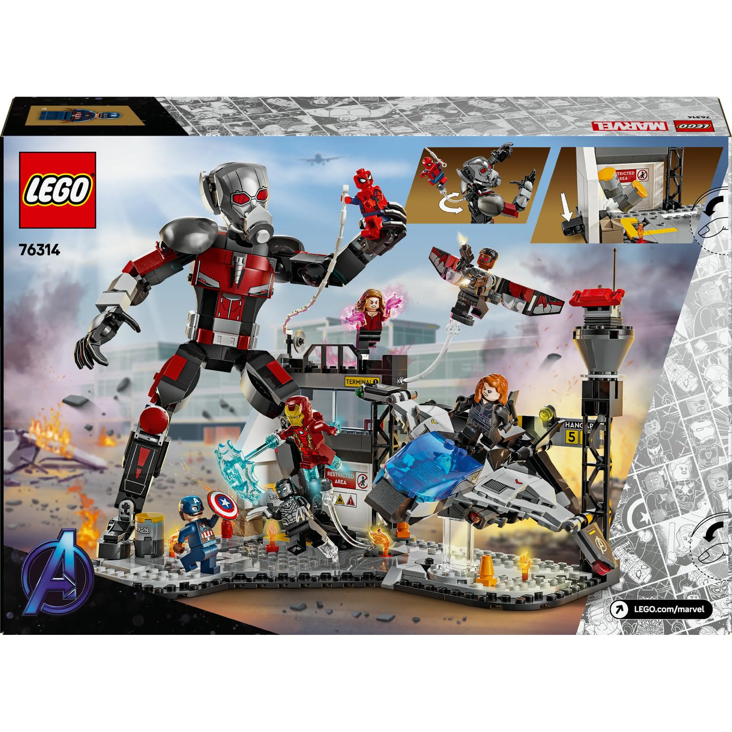 LEGO | Marvel Kaptan Amerika: Kahramanların Savaşı Aksiyon Savaşı 76314-10 Yaş ve Üzeri Çocuklar İçin 8 Minifigürlü Oyuncak Yapım Seti, Doğum Günü Hediyesi (736 Parça)