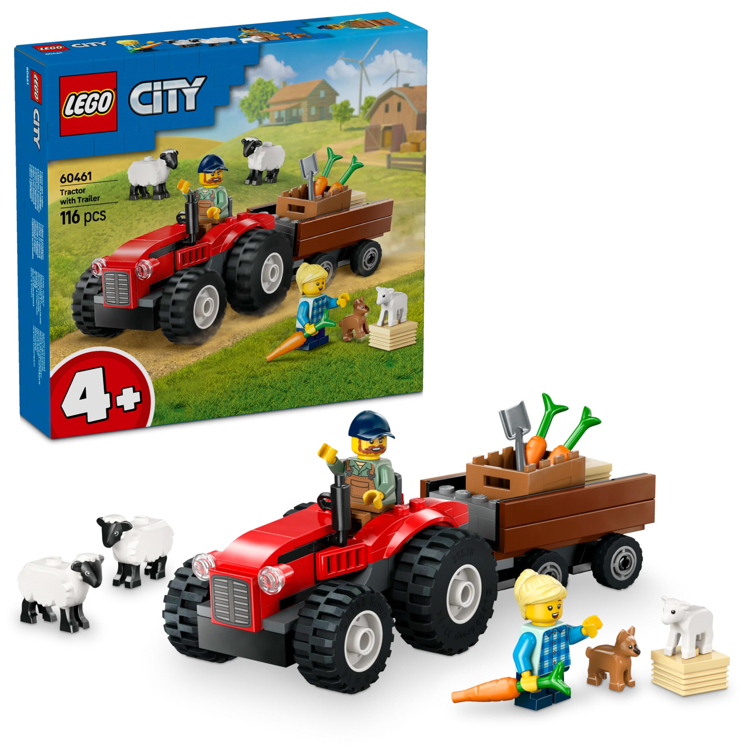 LEGO City Römorklu Kırmızı Çiftlik Traktörü ve Koyun 60461-4 Yaş ve Üzeri Çocuklar için Yaratıcı Oyuncak Yapım Seti, Doğum Günü Hediyesi (116 Parça)