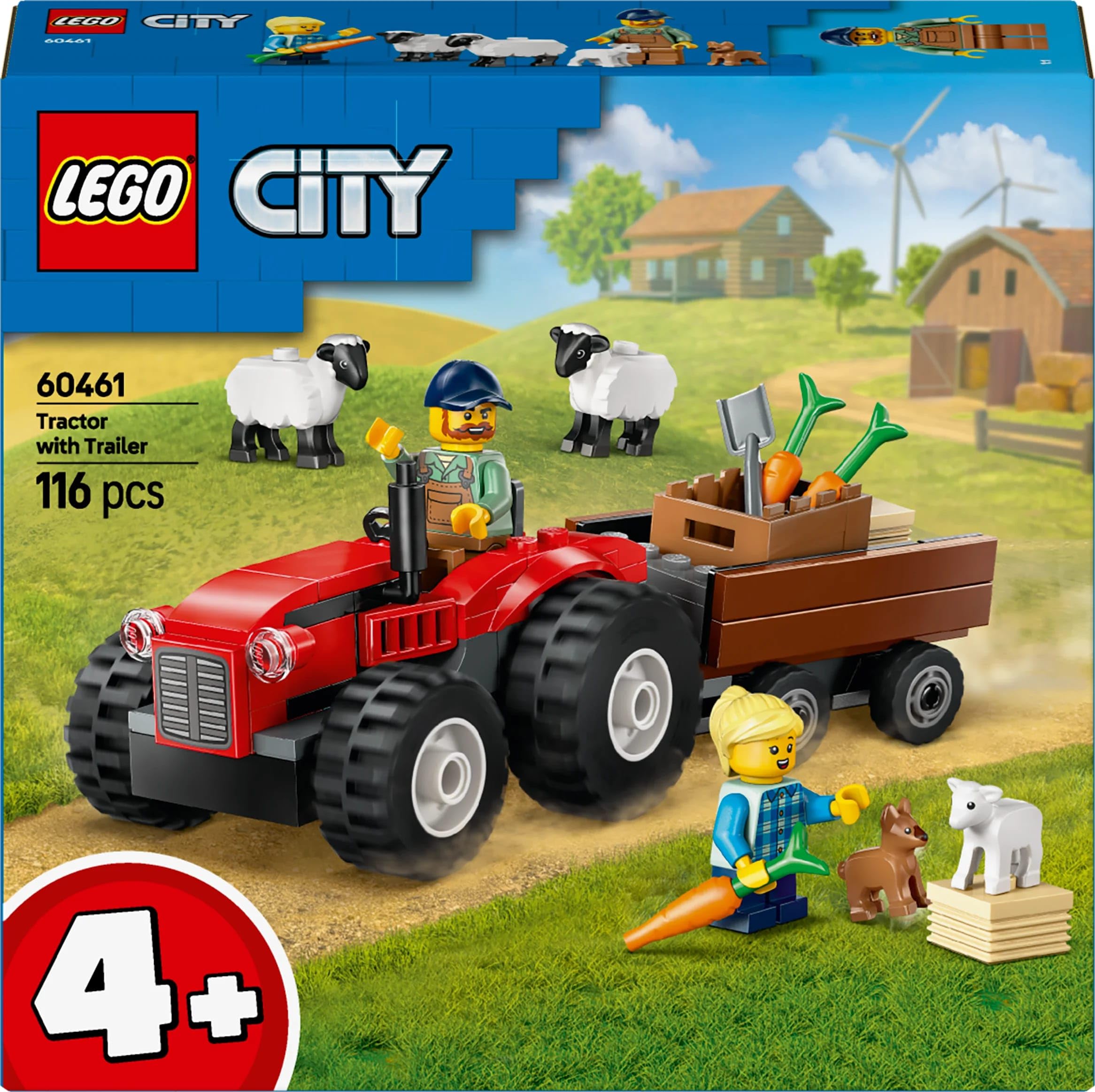 LEGO City Römorklu Kırmızı Çiftlik Traktörü ve Koyun 60461-4 Yaş ve Üzeri Çocuklar için Yaratıcı Oyuncak Yapım Seti, Doğum Günü Hediyesi (116 Parça)
