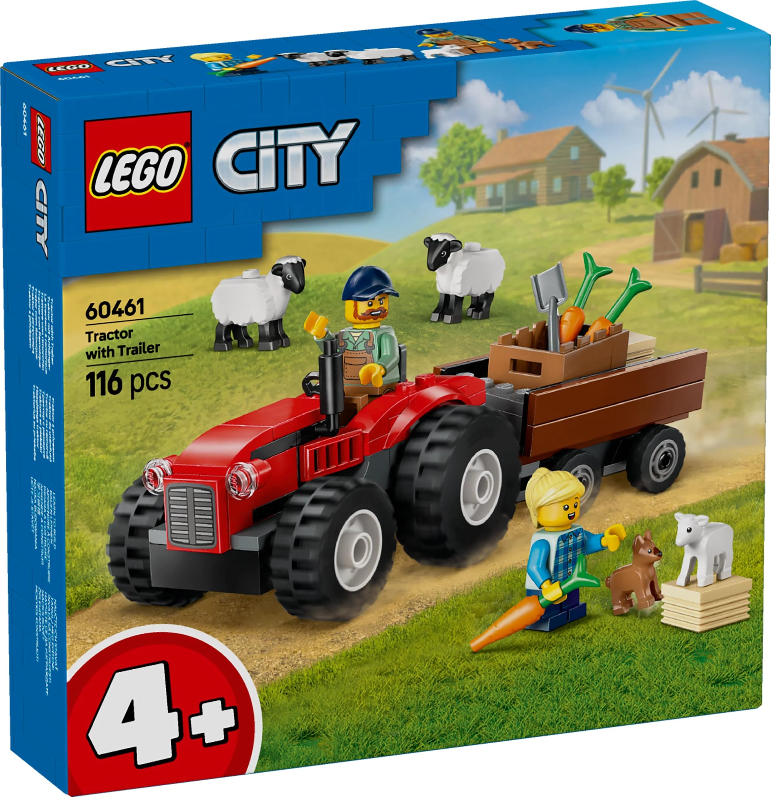LEGO City Römorklu Kırmızı Çiftlik Traktörü ve Koyun 60461-4 Yaş ve Üzeri Çocuklar için Yaratıcı Oyuncak Yapım Seti, Doğum Günü Hediyesi (116 Parça)