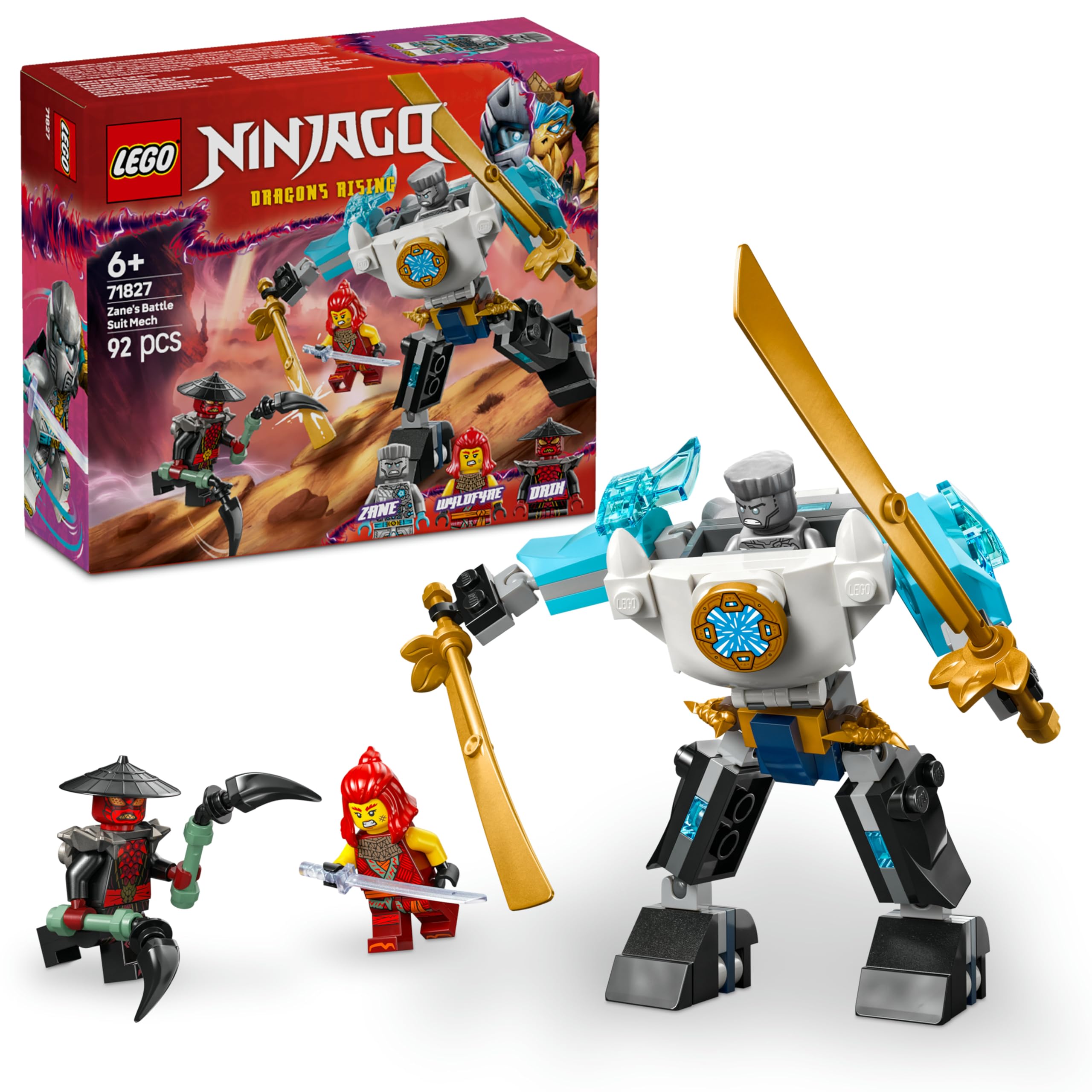 LEGO NINJAGO Zane’in Savaş Zırhı Mech’i 71827-6 Yaş ve Üzeri Çocuklar için 3 Minifigürlü Yaratıcı Oyuncak Yapım Seti, Doğum Günü Hediyesi (92 Parça)