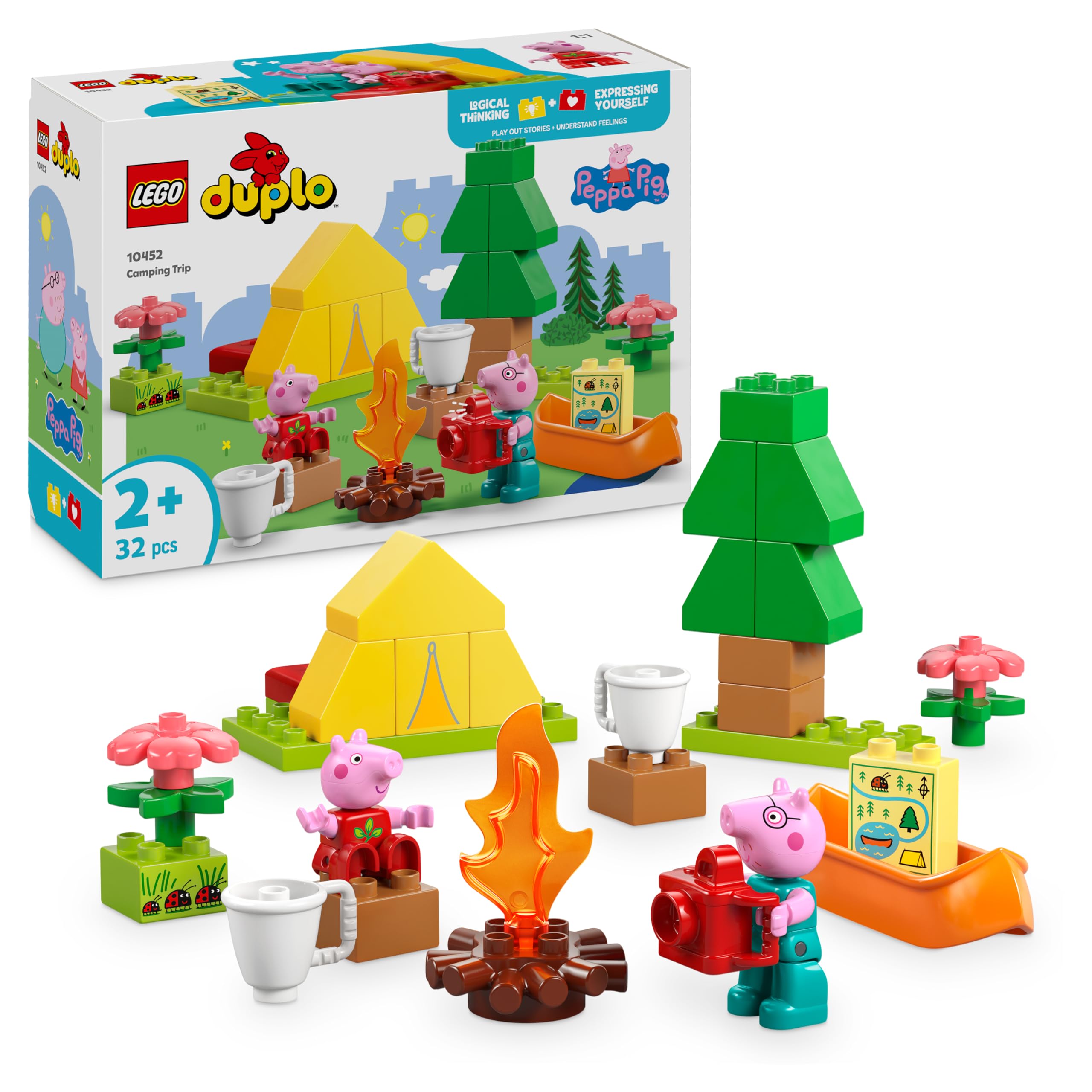 LEGO DUPLO Peppa Pig Kamp Gezisi 10452-2 Yaş ve Üzeri Kız ve Erkek Çocuklar için Çadır, Kano, Kamp Ateşi ve 2 Figür İçeren Küçük Kas Becerileri ve Renk Eşleştirme Yaratıcı Yapım Seti (32 Parça)