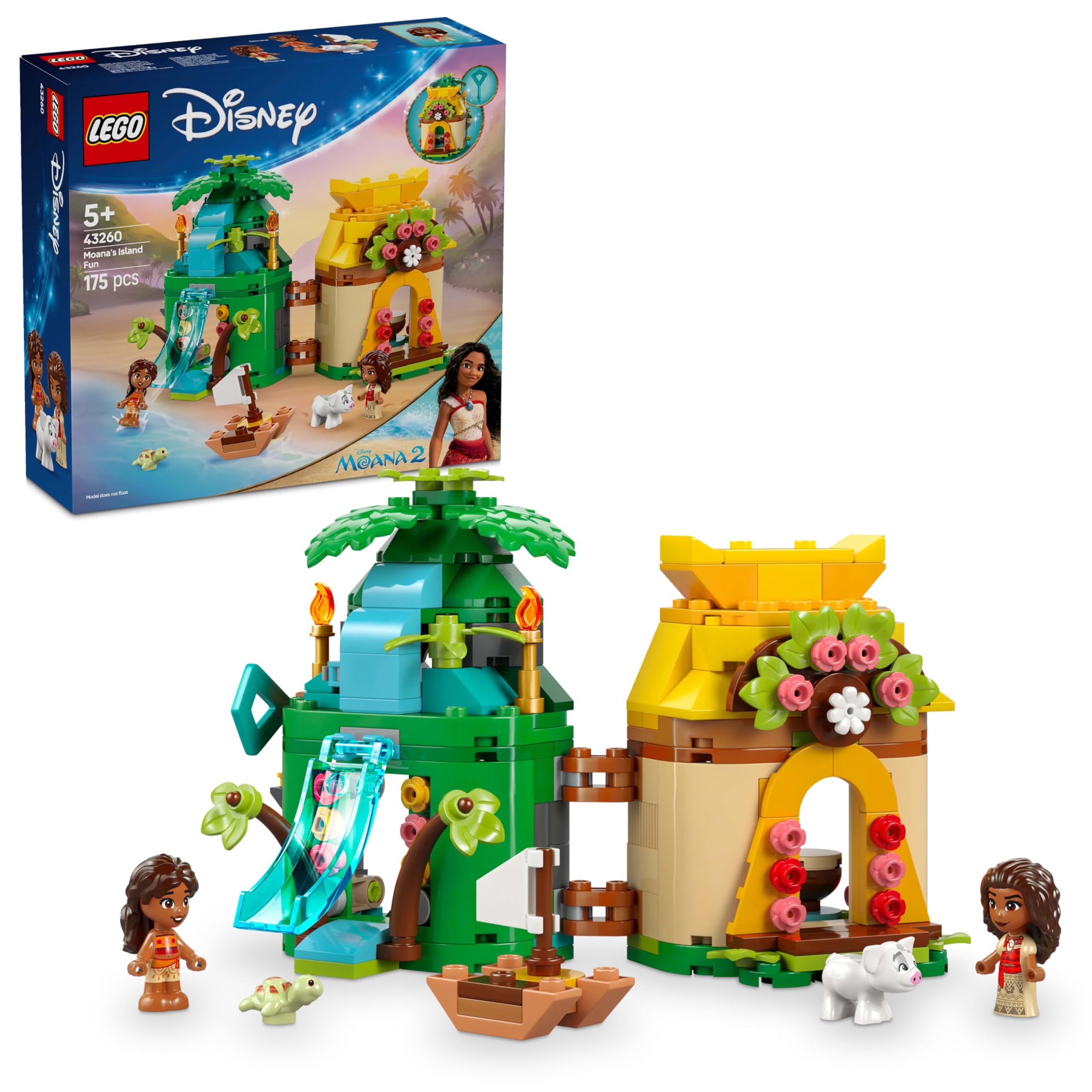 LEGO ǀ Disney Princess Moana’nın Ada Eğlencesi 43260, 5 Yaş ve Üzeri Kız ve Erkek Çocukları İçin Yaratıcı Oyuncak Yapım Seti, 2 Mini Bebek Figürü ve Ev (175 Parça)