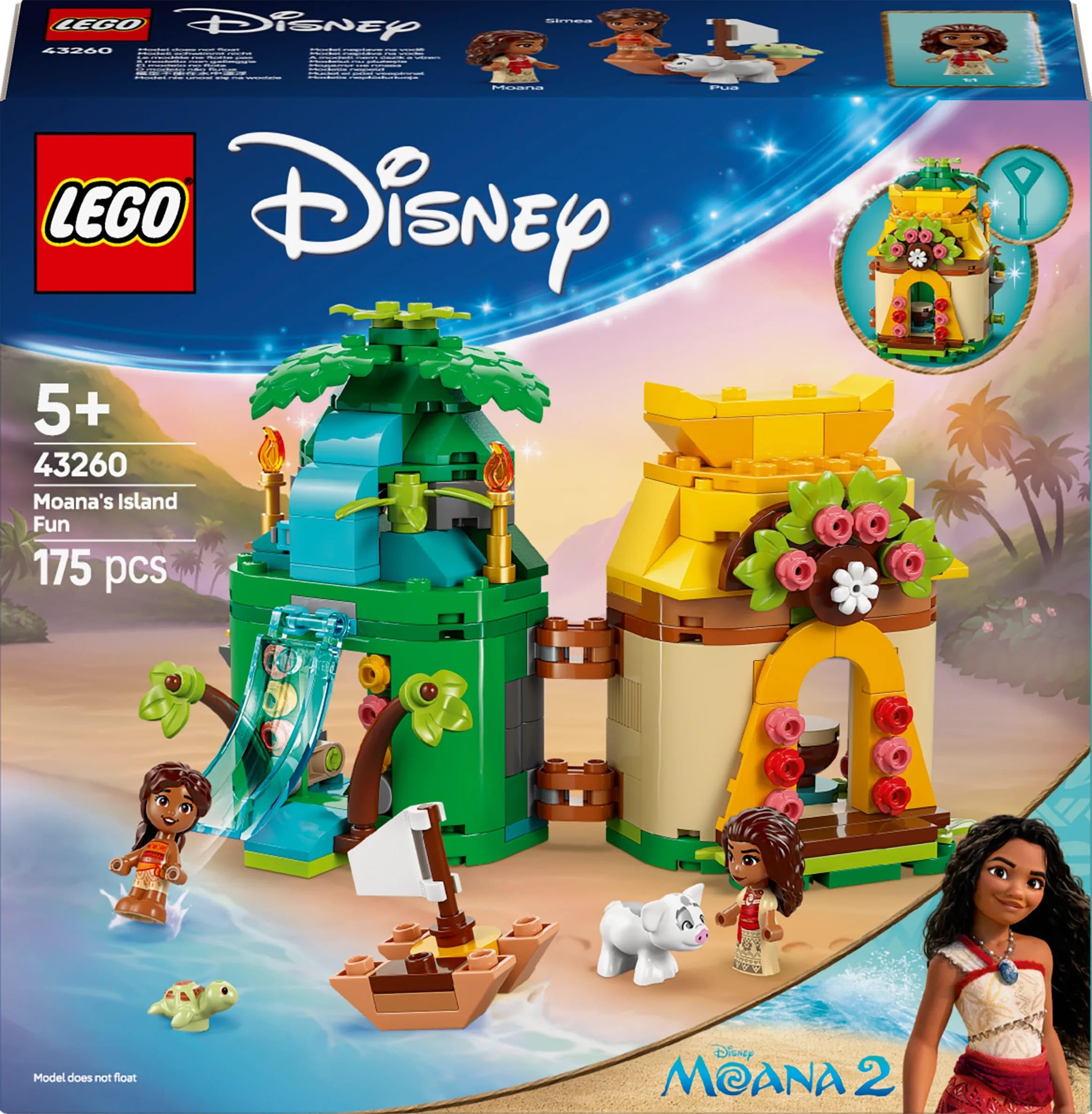 LEGO ǀ Disney Princess Moana’nın Ada Eğlencesi 43260, 5 Yaş ve Üzeri Kız ve Erkek Çocukları İçin Yaratıcı Oyuncak Yapım Seti, 2 Mini Bebek Figürü ve Ev (175 Parça)