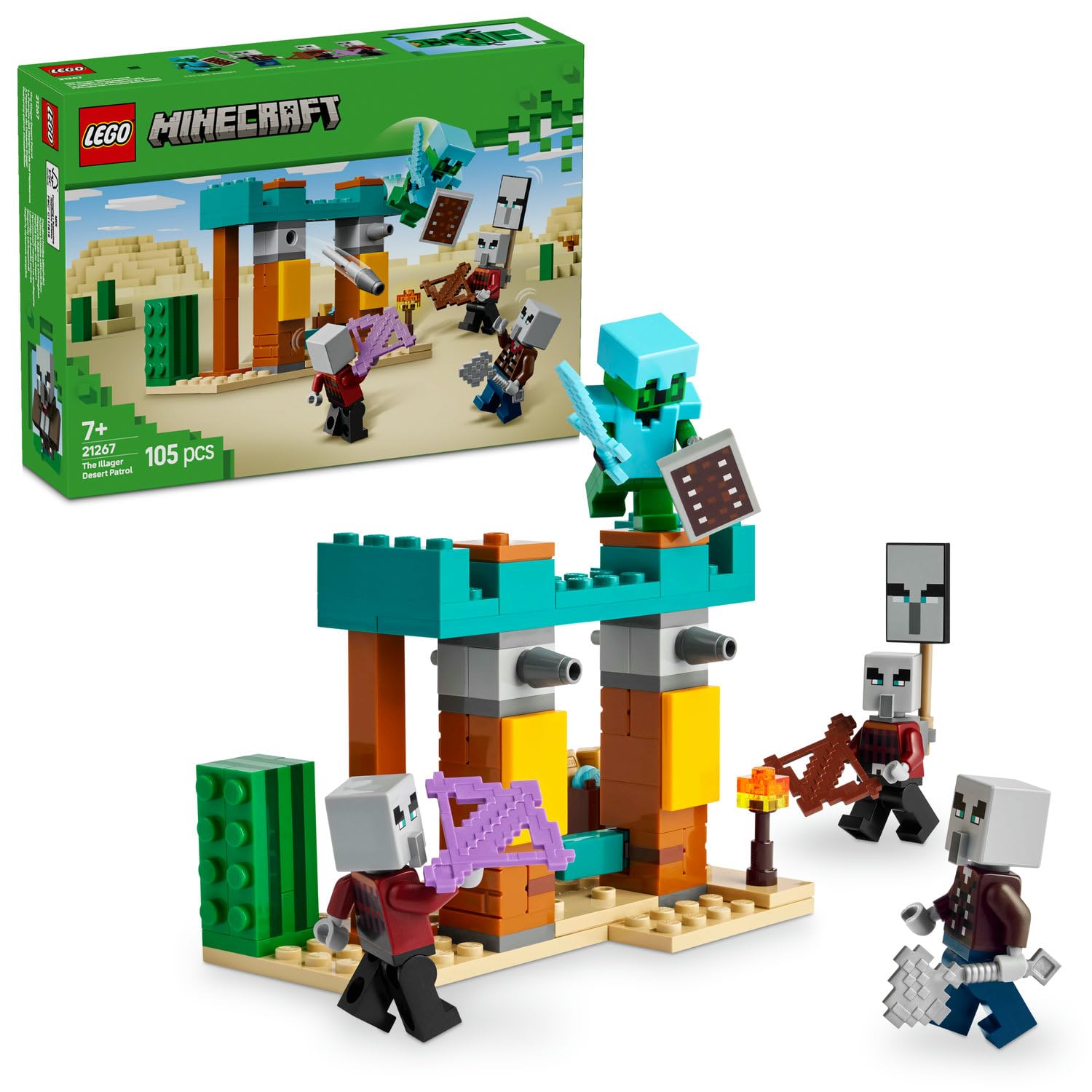 LEGO Minecraft Serseri Köylü Çöl Devriyesi 21267 – 7 Yaş ve Üzeri Kız ve Erkek Çocuklar için Pillager, Vindicatör ve Kaktüs Şövalyesi İçeren Oyuncak Yapım Seti, Rol Yapma Oyunu Doğum Günü Hediyesi
