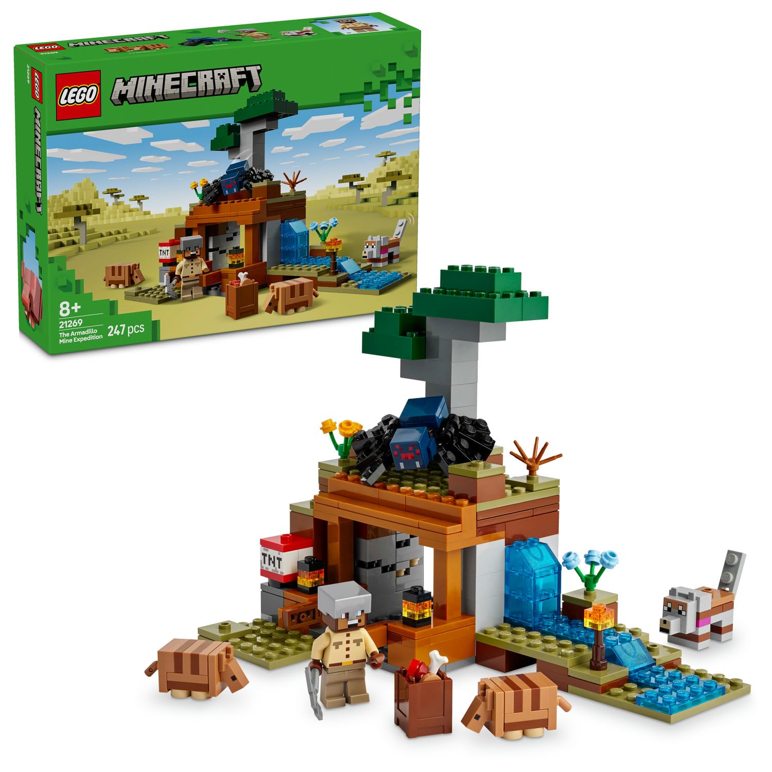 LEGO Minecraft Armadillo Maden Keşfi 21269 – 8 Yaş ve Üzeri Erkek ve Kız Çocuklar için Mağara Örümceği ve Kurt Figürleri İçeren Rol Yapım Oyuncağı Yapım Seti, Doğum Günü Hediyesi Fikri (247 Parça)