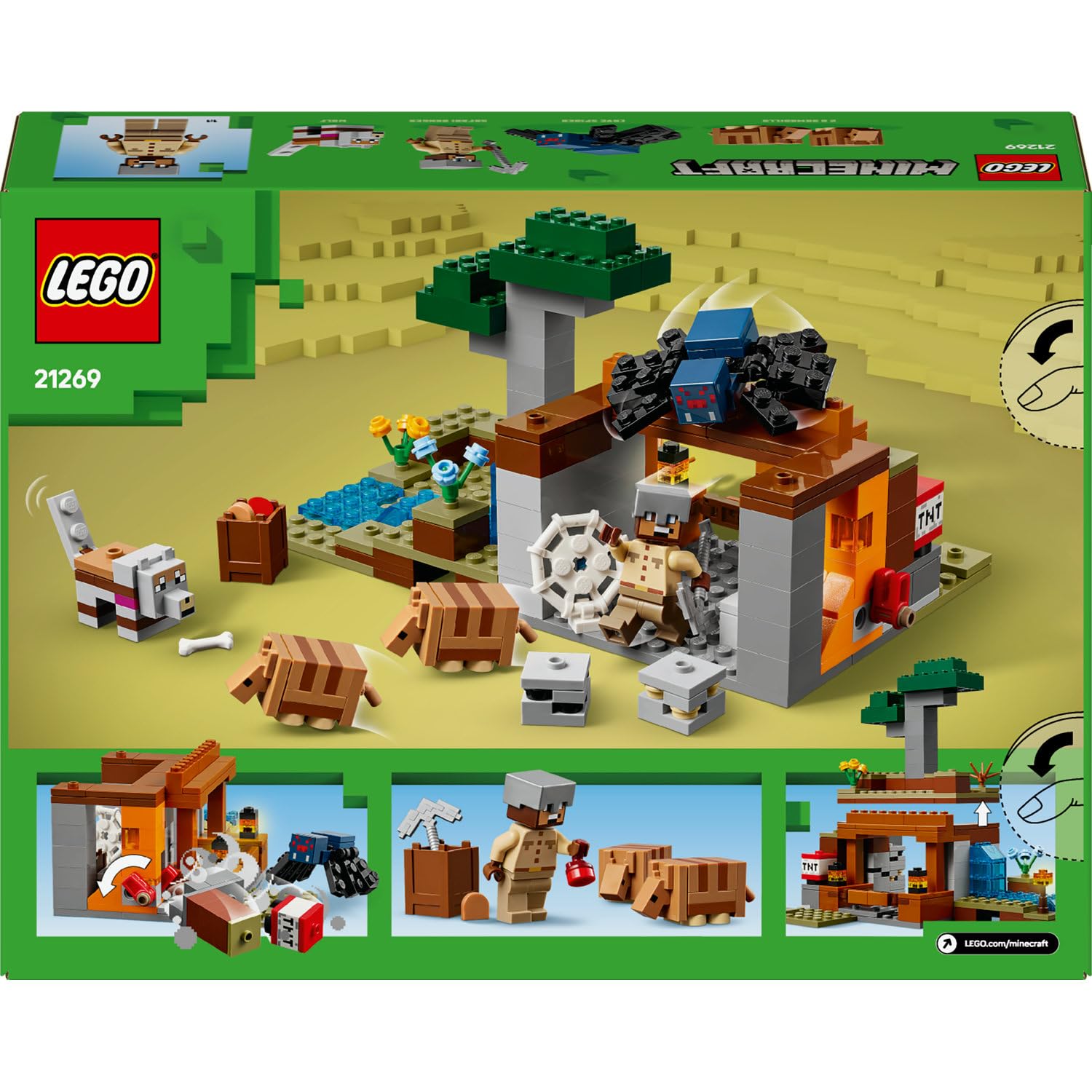 LEGO Minecraft Armadillo Maden Keşfi 21269 – 8 Yaş ve Üzeri Erkek ve Kız Çocuklar için Mağara Örümceği ve Kurt Figürleri İçeren Rol Yapım Oyuncağı Yapım Seti, Doğum Günü Hediyesi Fikri (247 Parça)