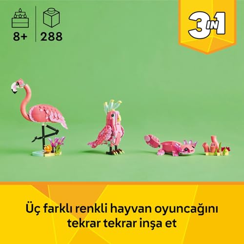 LEGO Creator 3'ü 1 Arada Vahşi Hayvanlar: Pembe Flamingo 31170 – 8 Yaş ve Üzeri Kız ve Erkek Çocukları için Kakadu Papağanı veya Aksolotl'a Dönüşebilen Yaratıcı Oyuncak Seti, Hediye Fikri (288 parça)
