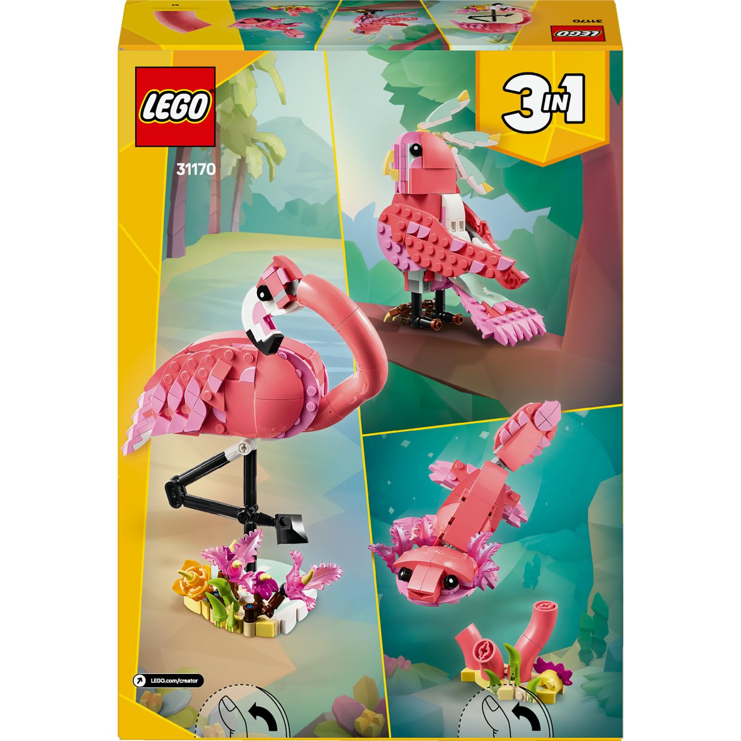 LEGO Creator 3'ü 1 Arada Vahşi Hayvanlar: Pembe Flamingo 31170 – 8 Yaş ve Üzeri Kız ve Erkek Çocukları için Kakadu Papağanı veya Aksolotl'a Dönüşebilen Yaratıcı Oyuncak Seti, Hediye Fikri (288 parça)