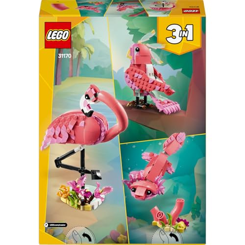 LEGO Creator 3'ü 1 Arada Vahşi Hayvanlar: Pembe Flamingo 31170 – 8 Yaş ve Üzeri Kız ve Erkek Çocukları için Kakadu Papağanı veya Aksolotl'a Dönüşebilen Yaratıcı Oyuncak Seti, Hediye Fikri (288 parça)
