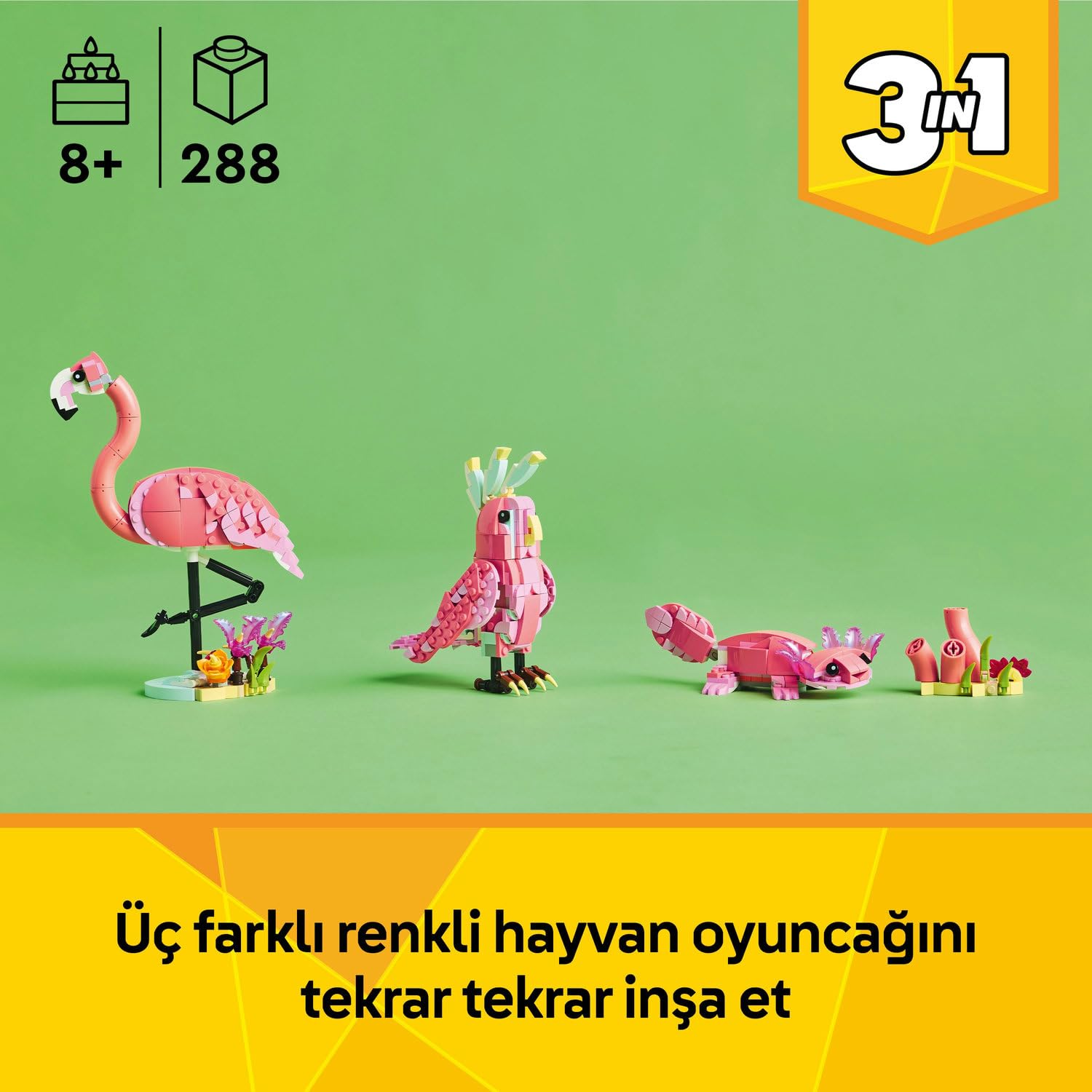 LEGO Creator 3'ü 1 Arada Vahşi Hayvanlar: Pembe Flamingo 31170 – 8 Yaş ve Üzeri Kız ve Erkek Çocukları için Kakadu Papağanı veya Aksolotl'a Dönüşebilen Yaratıcı Oyuncak Seti, Hediye Fikri (288 parça)